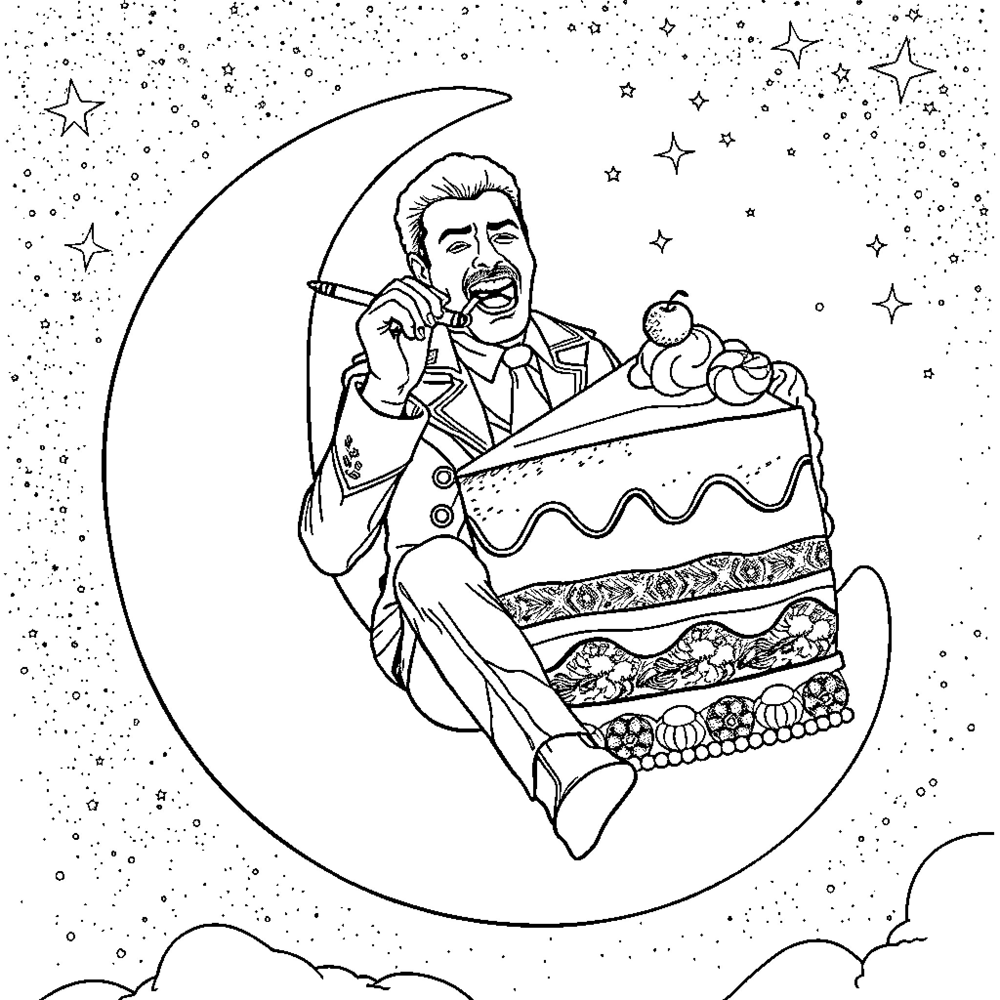 Freddie Mercury enjoying a cosmic cake on the moon Coloring Page (free black-and-white line drawing printable PDF for all, from beginners to advanced learners, including children, teens, adults, and seniors)
