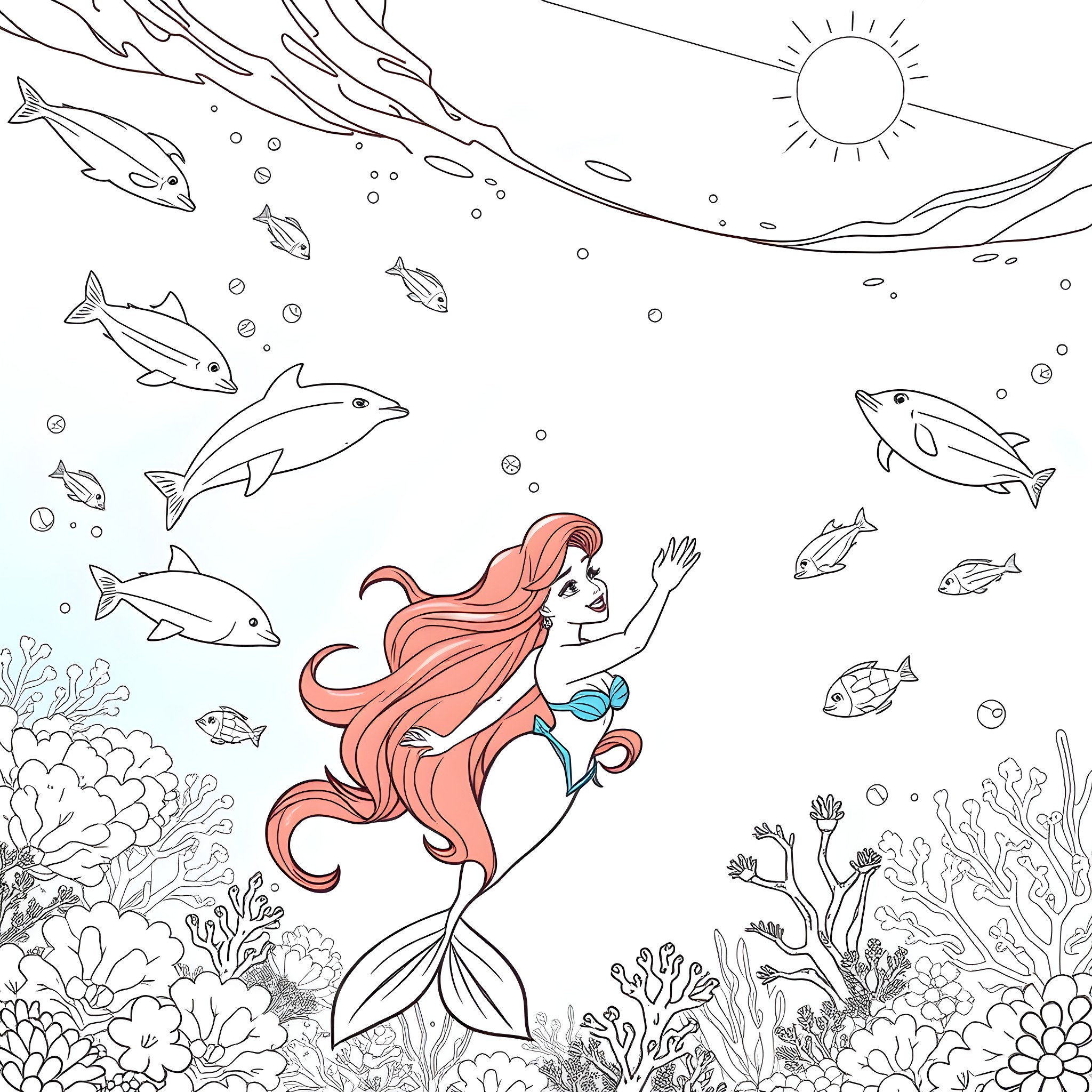 Ariel swimming gracefully among sea creatures Coloring Page (free black-and-white line drawing printable PDF for all, from beginners to advanced learners, including children, teens, adults, and seniors)