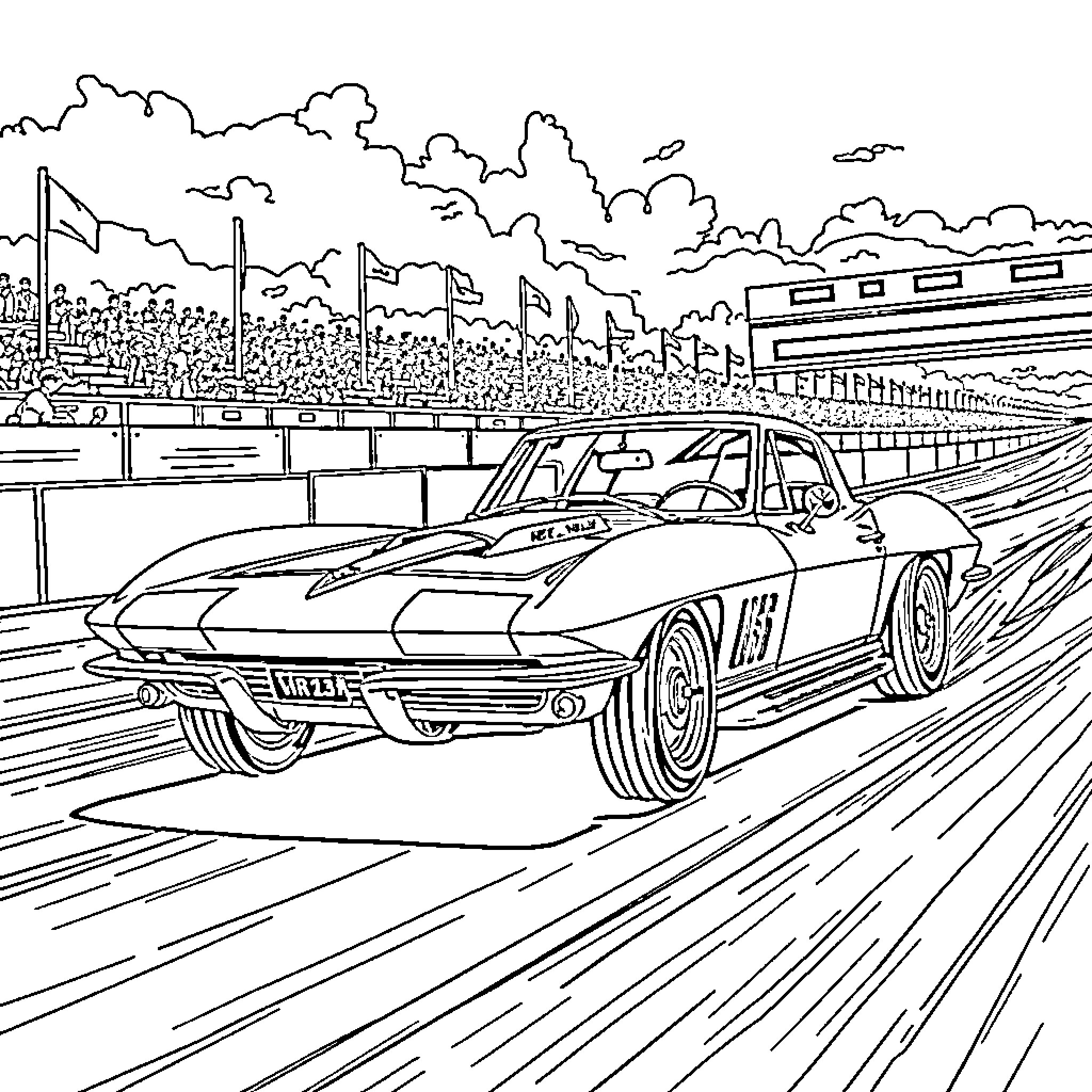 Corvette racing on the track with crowds Coloring Page (free black-and-white line drawing printable PDF for all, from beginners to advanced learners, including children, teens, adults, and seniors)