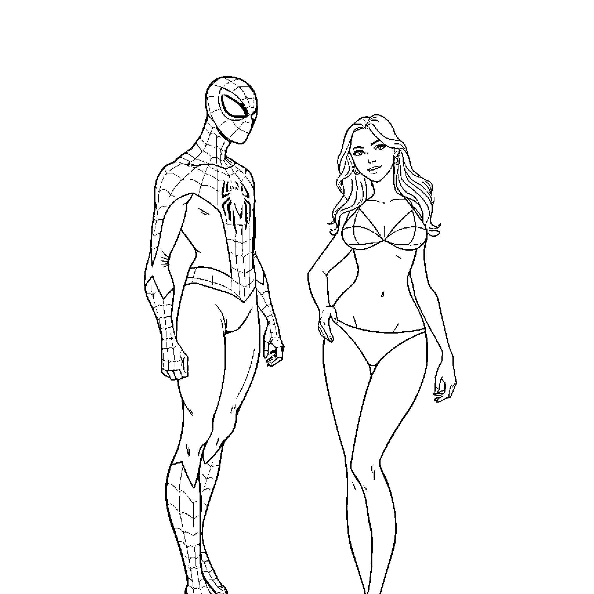 Woman in superhero costume and woman in swimsuit Coloring Page (free black-and-white line drawing printable PDF for all, from beginners to advanced learners, including children, teens, adults, and seniors)