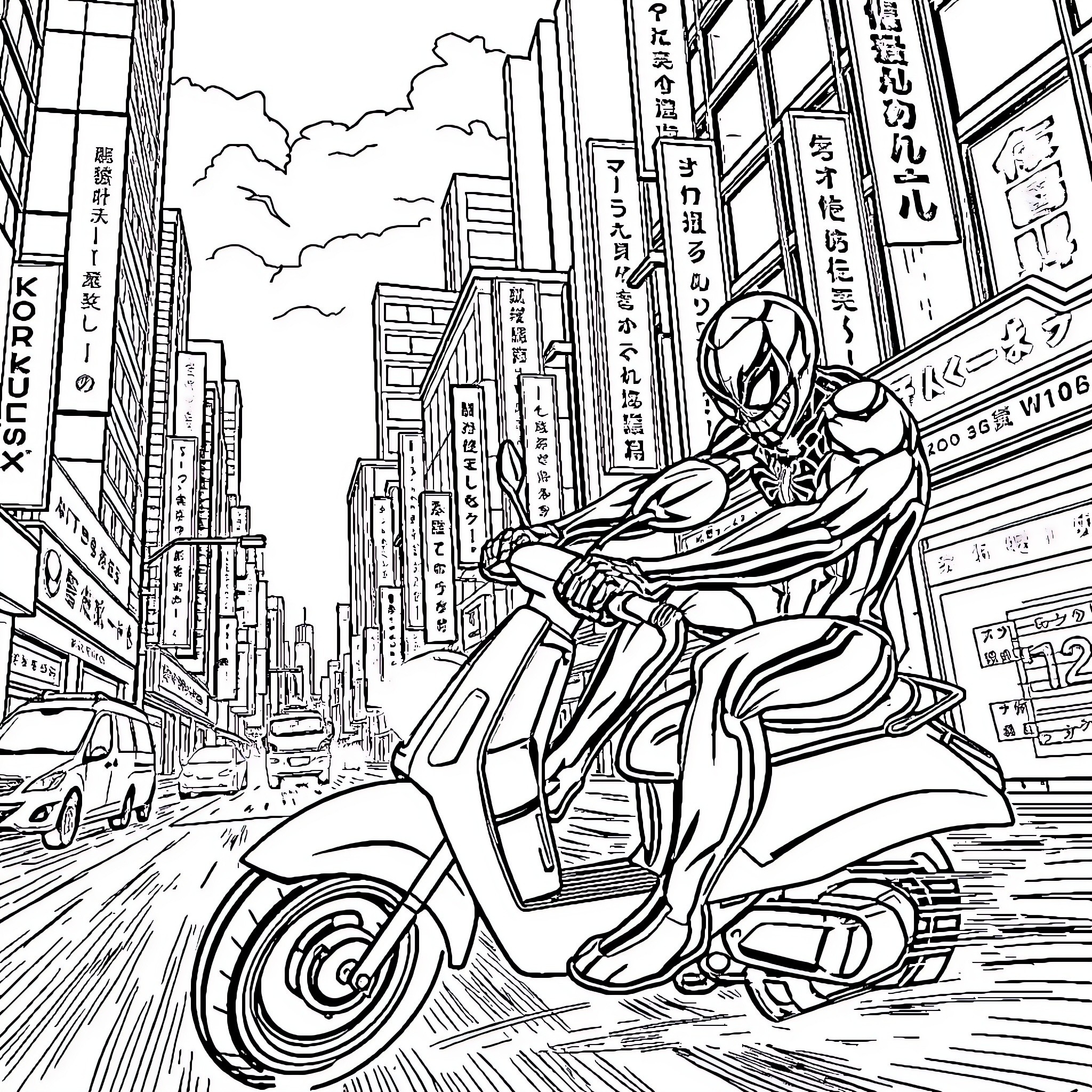 Venom Speeds Through Cityscape on Futuristic Motorcycle Coloring Page (free black-and-white line drawing printable PDF for all, from beginners to advanced learners, including children, teens, adults, and seniors)