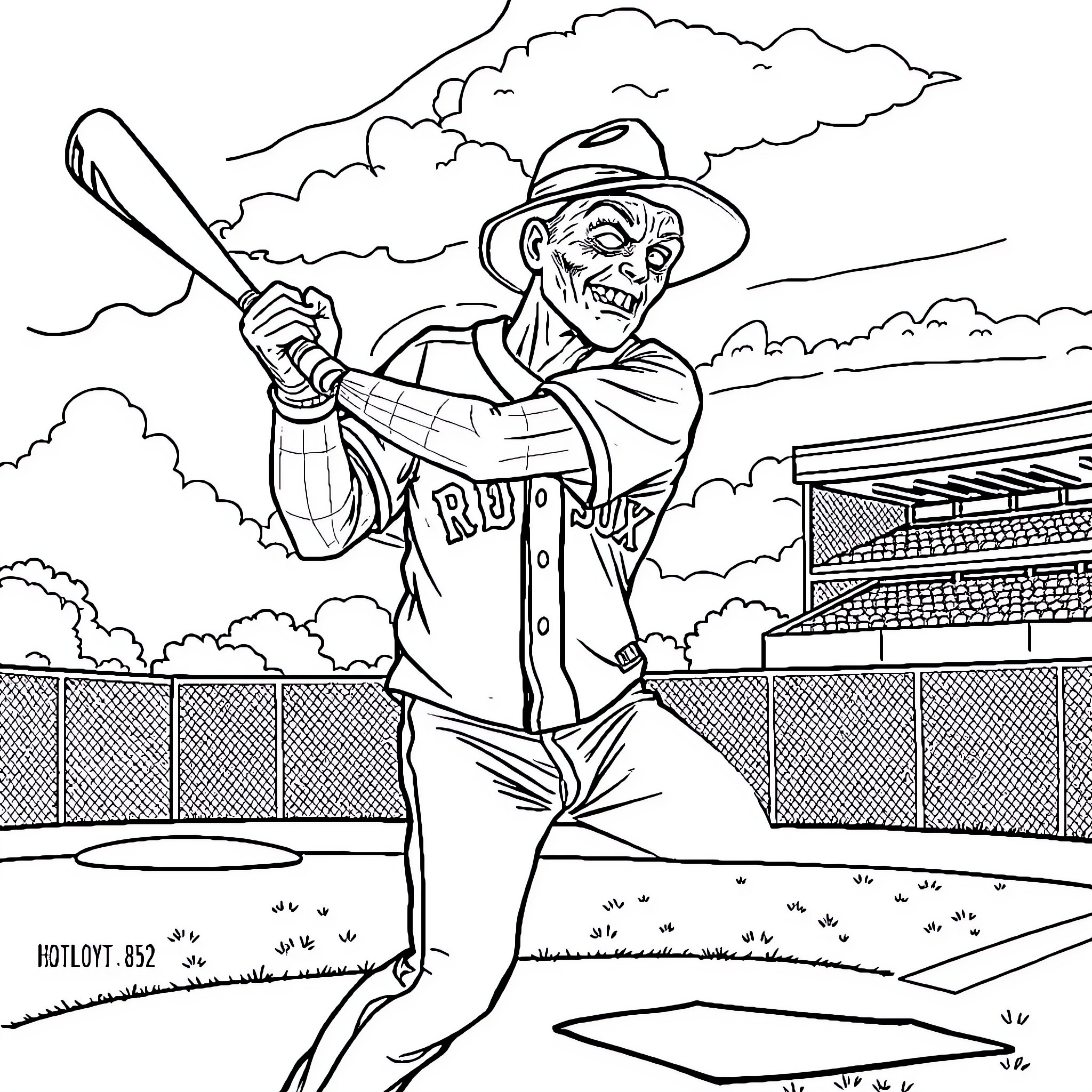 Freddy Kruger terrorizing baseball players on the field Coloring Page (free black-and-white line drawing printable PDF for all, from beginners to advanced learners, including children, teens, adults, and seniors)