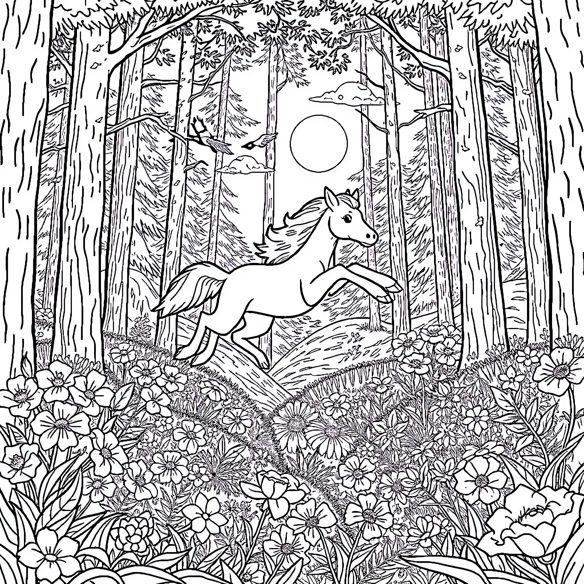 Csodaszarvas running through the enchanted forest Coloring Page (free black-and-white line drawing printable PDF for all, from beginners to advanced learners, including children, teens, adults, and seniors)