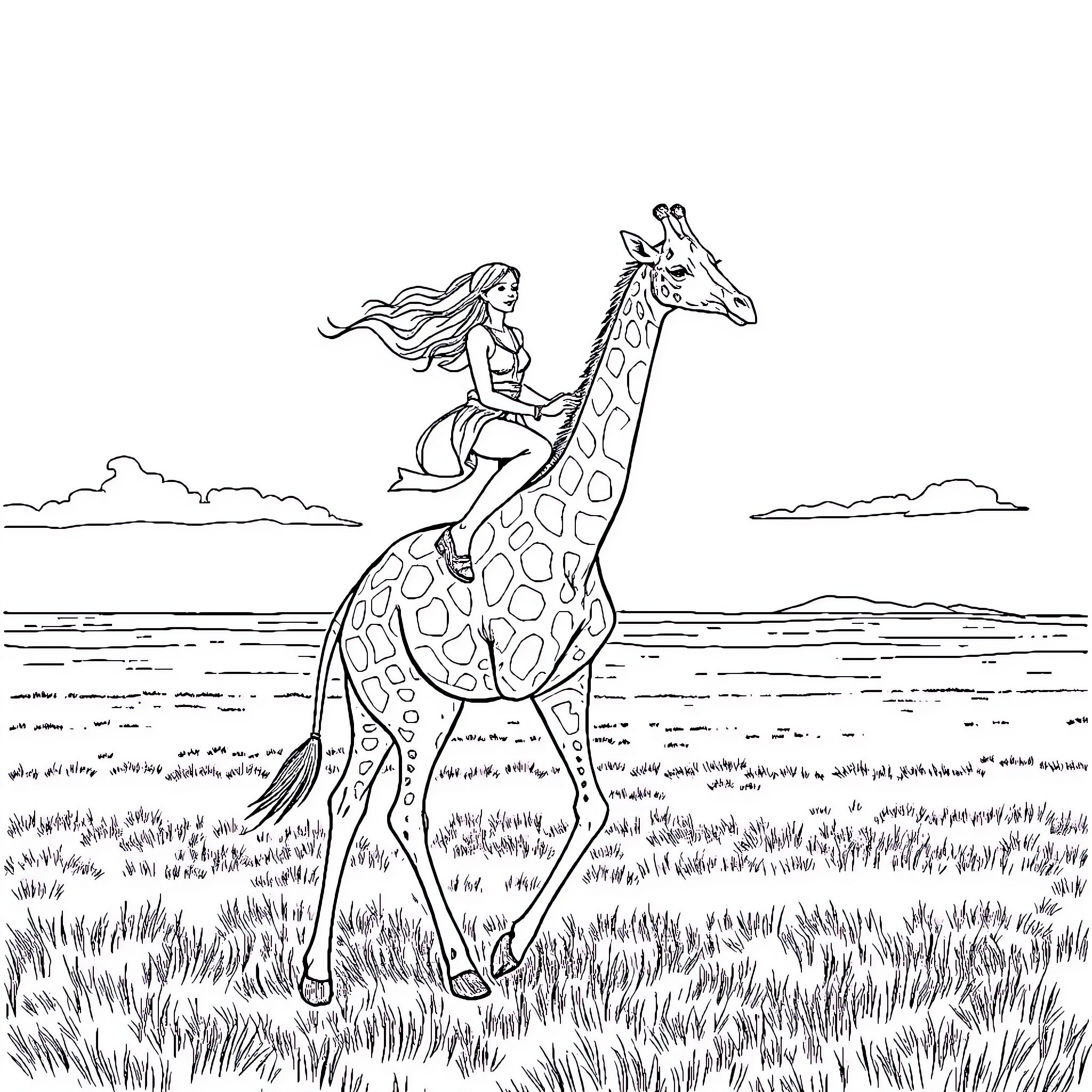 Woman riding playfully on a giraffe in the field Coloring Page (free black-and-white line drawing printable PDF for all, from beginners to advanced learners, including children, teens, adults, and seniors)