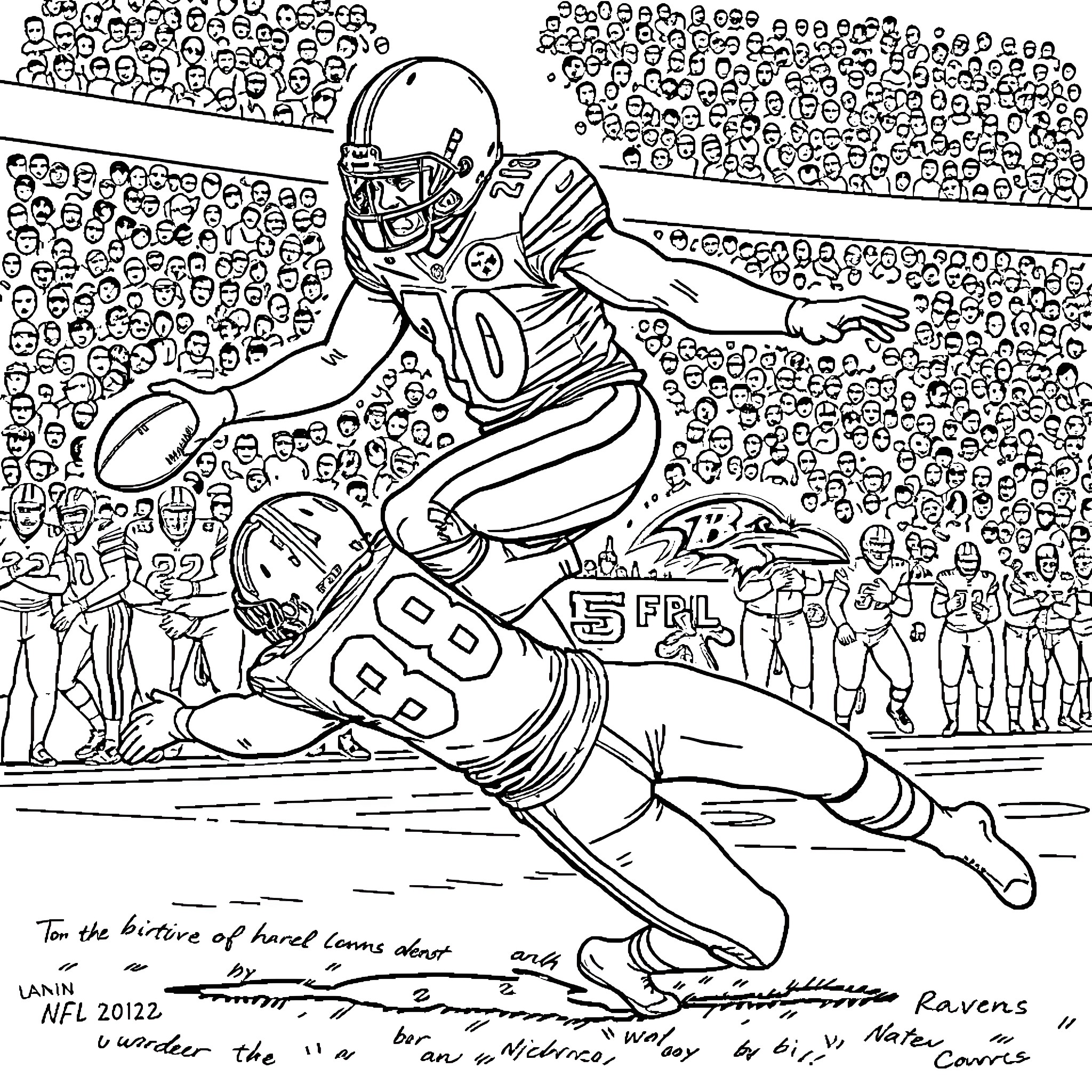 D.K. Metcalf makes a diving catch on the football field Coloring Page (free black-and-white line drawing printable PDF for all, from beginners to advanced learners, including children, teens, adults, and seniors)