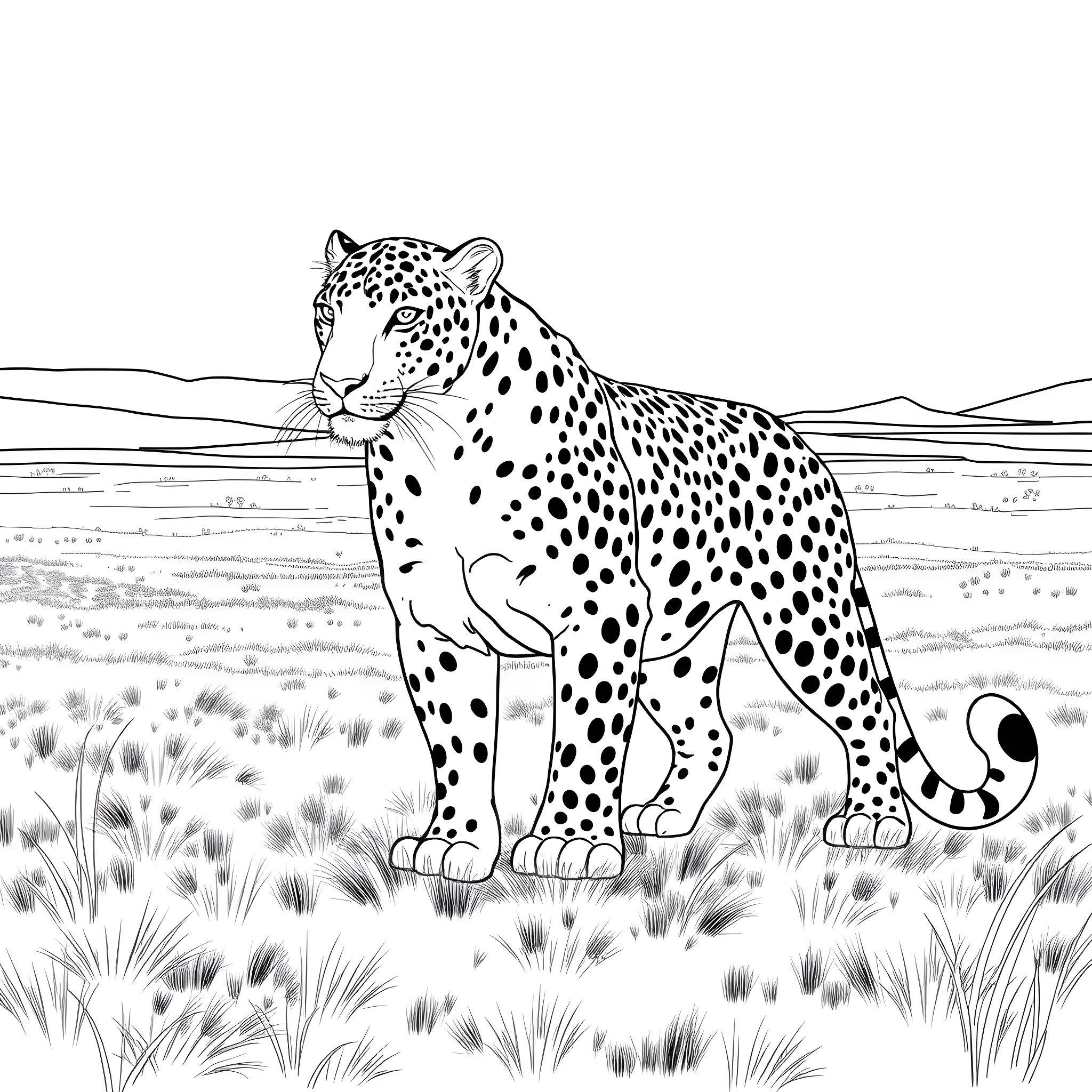 Leopard stalking in the wilderness Coloring Page (free black-and-white line drawing printable PDF for all, from beginners to advanced learners, including children, teens, adults, and seniors)