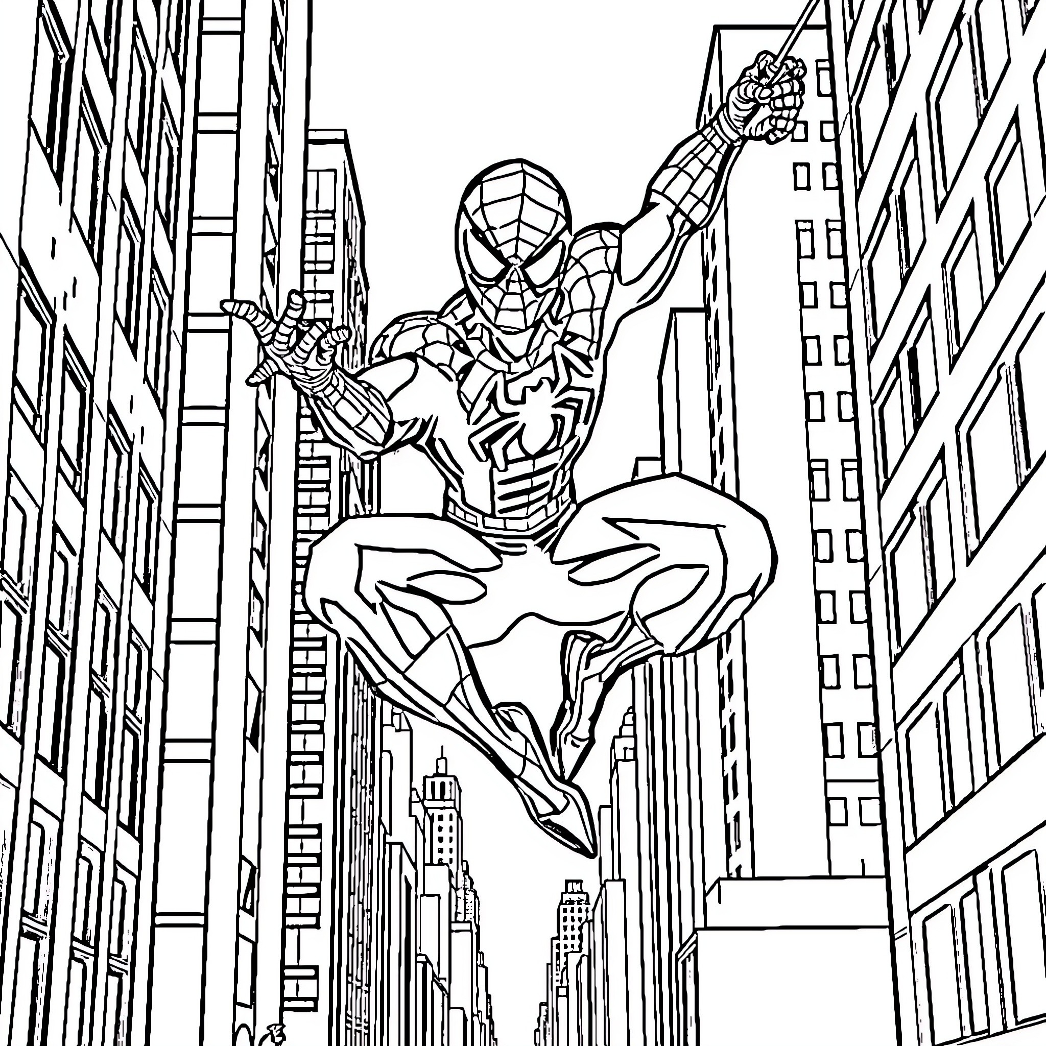 Spiderman swinging through the city skyline Coloring Page (free black-and-white line drawing printable PDF for all, from beginners to advanced learners, including children, teens, adults, and seniors)