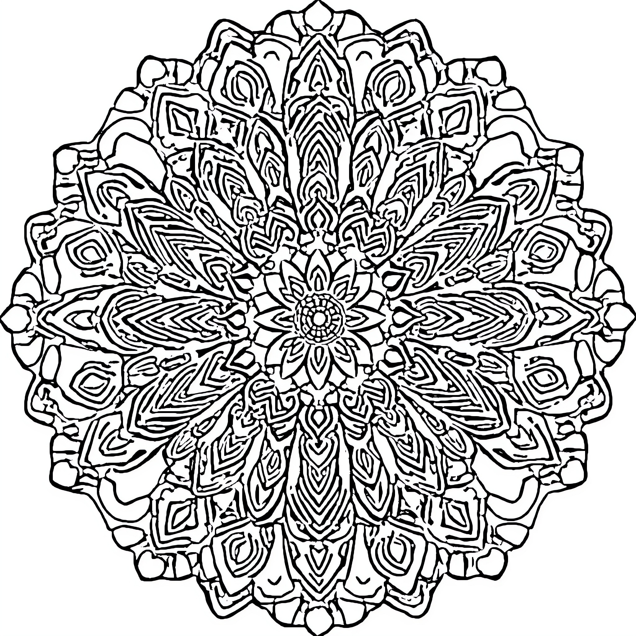 Mandala of intricate floral patterns Coloring Page (free black-and-white line drawing printable PDF for all, from beginners to advanced learners, including children, teens, adults, and seniors)