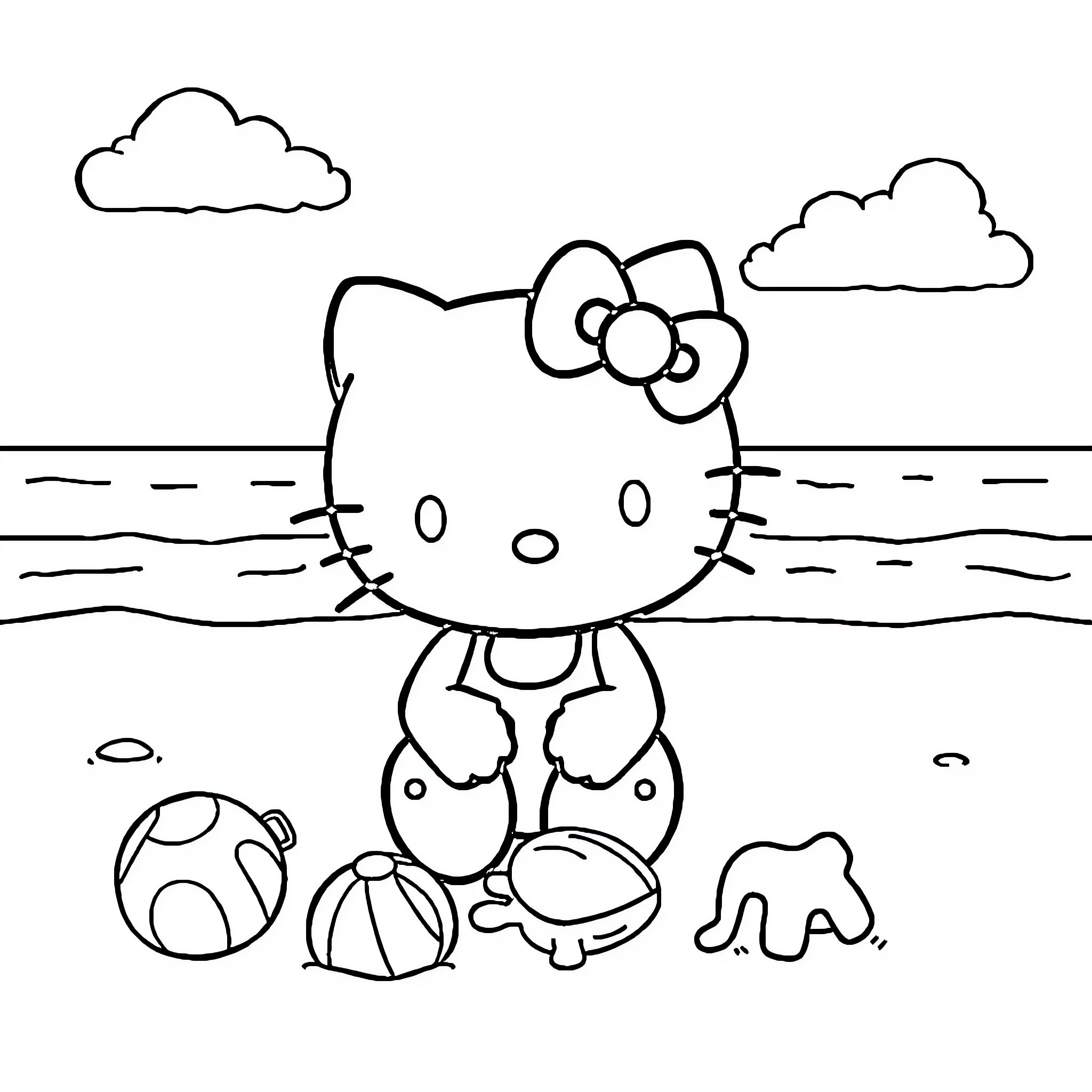Hello Kitty playing on the beach Coloring Page (free black-and-white line drawing printable PDF for all, from beginners to advanced learners, including children, teens, adults, and seniors)