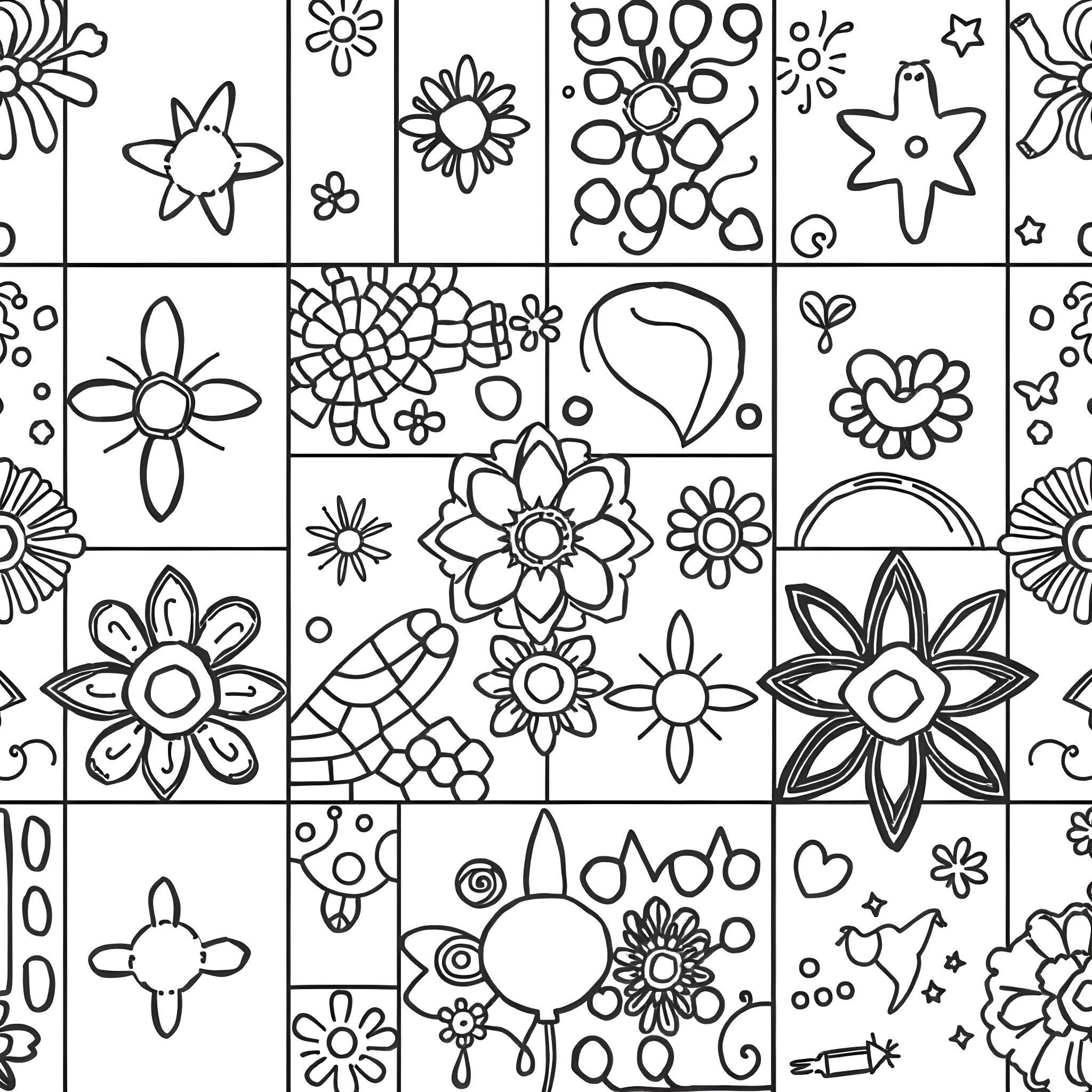 Patchwork of Playful Floral Designs Coloring Page (free black-and-white line drawing printable PDF for all, from beginners to advanced learners, including children, teens, adults, and seniors)