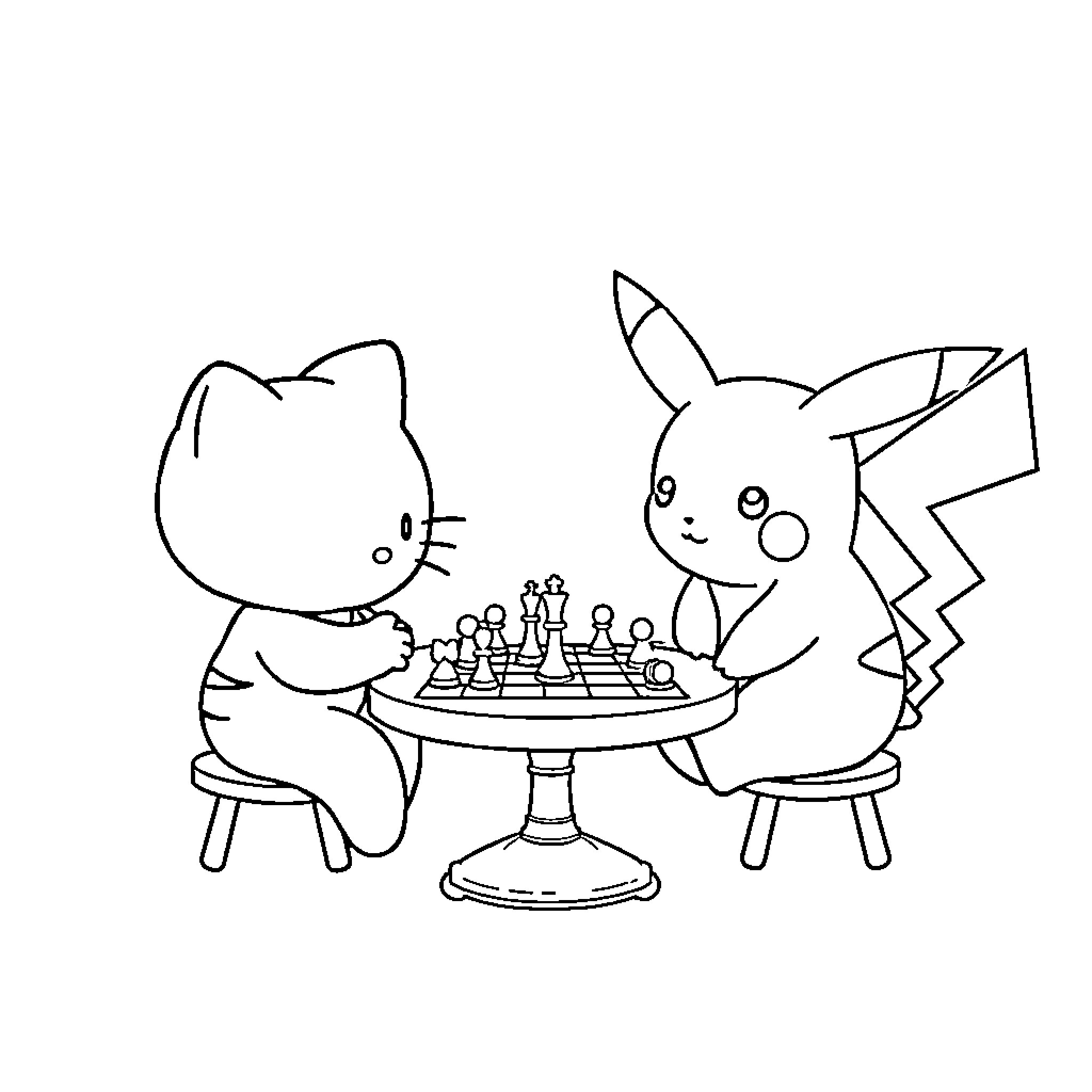 Hello Kitty and Pikachu playing chess together Coloring Page (free black-and-white line drawing printable PDF for all, from beginners to advanced learners, including children, teens, adults, and seniors)