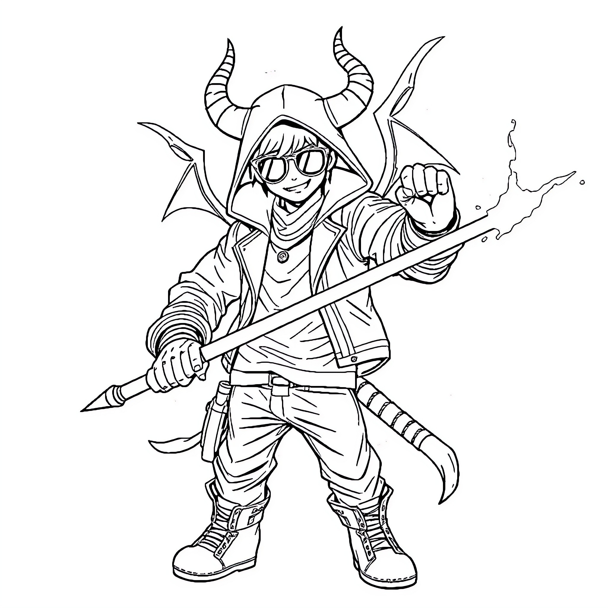 Demon Hunter wielding spear and horns Coloring Page (free black-and-white line drawing printable PDF for all, from beginners to advanced learners, including children, teens, adults, and seniors)