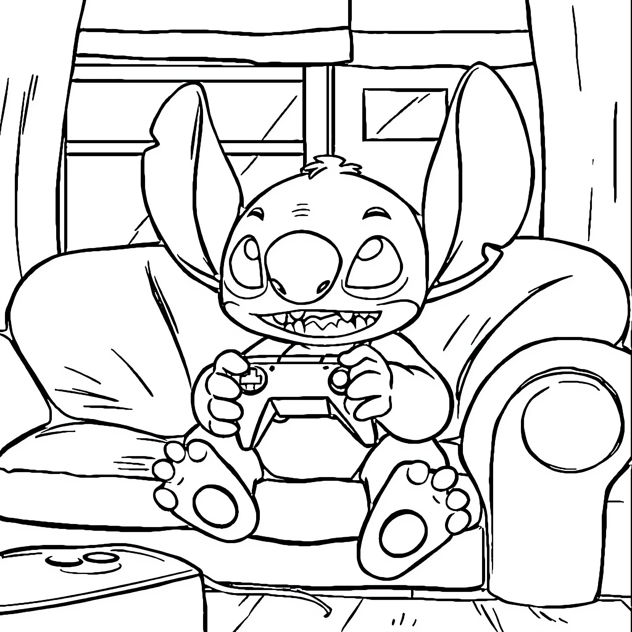 Stitch playing video games in room Coloring Page (free black-and-white line drawing printable PDF for all, from beginners to advanced learners, including children, teens, adults, and seniors)