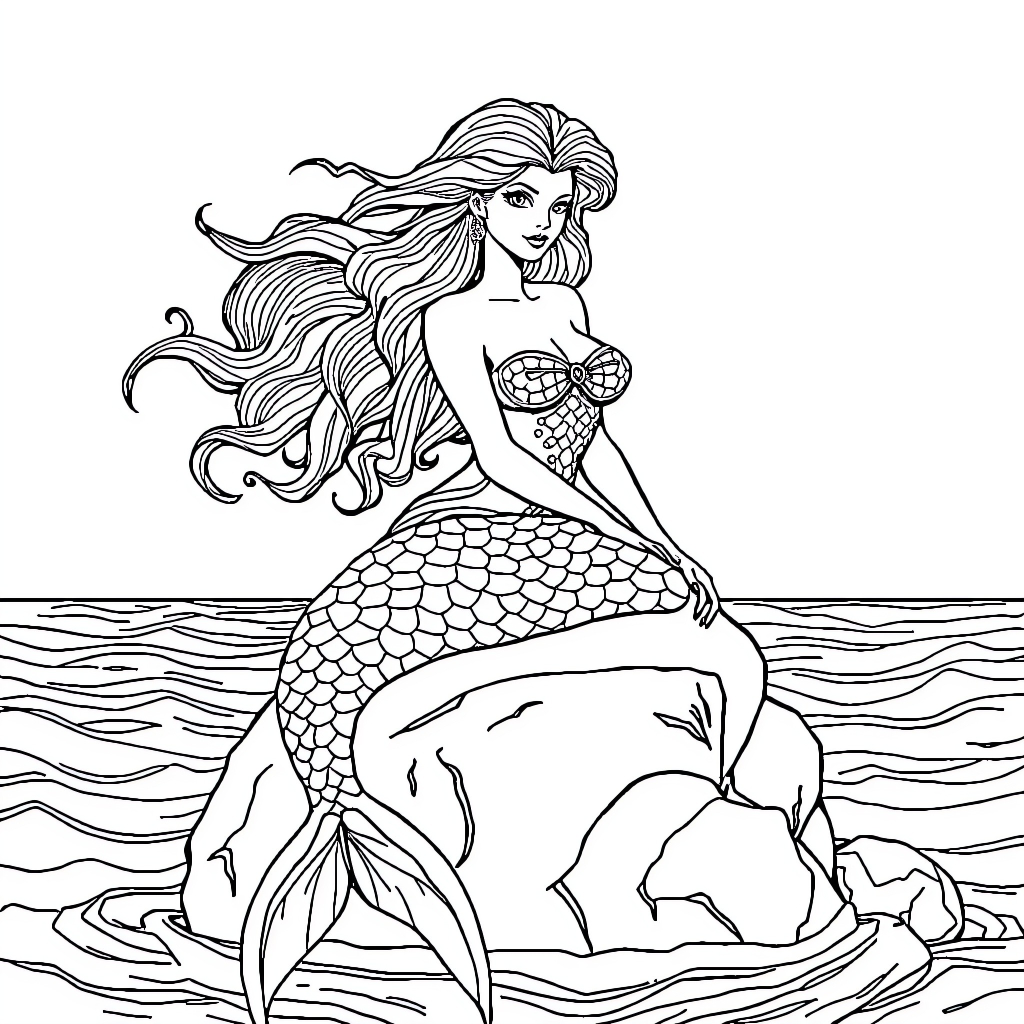 Siren beckoning from the ocean depths Coloring Page (free black-and-white line drawing printable PDF for all, from beginners to advanced learners, including children, teens, adults, and seniors)