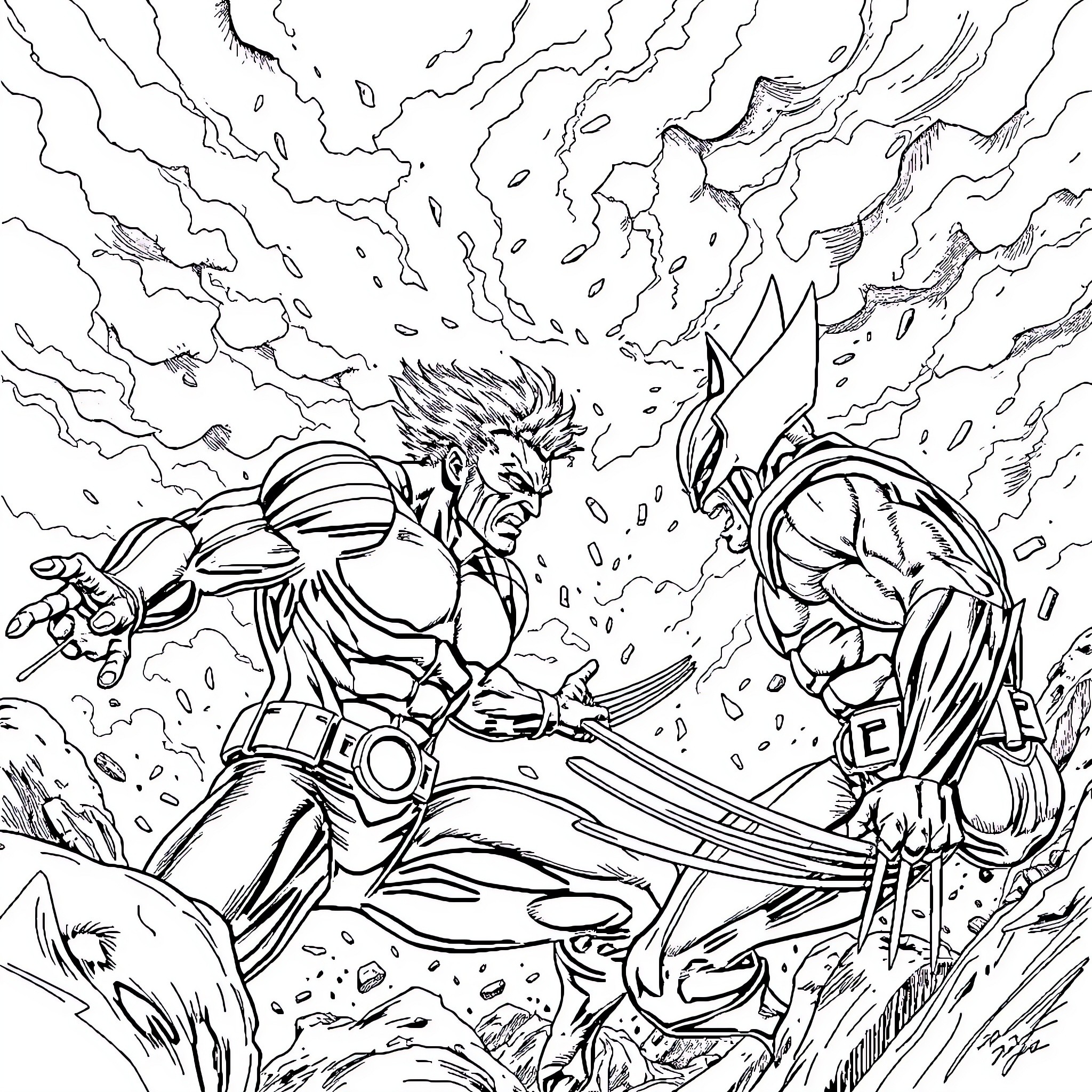 Cyclops battling against a powerful opponent Coloring Page (free black-and-white line drawing printable PDF for all, from beginners to advanced learners, including children, teens, adults, and seniors)