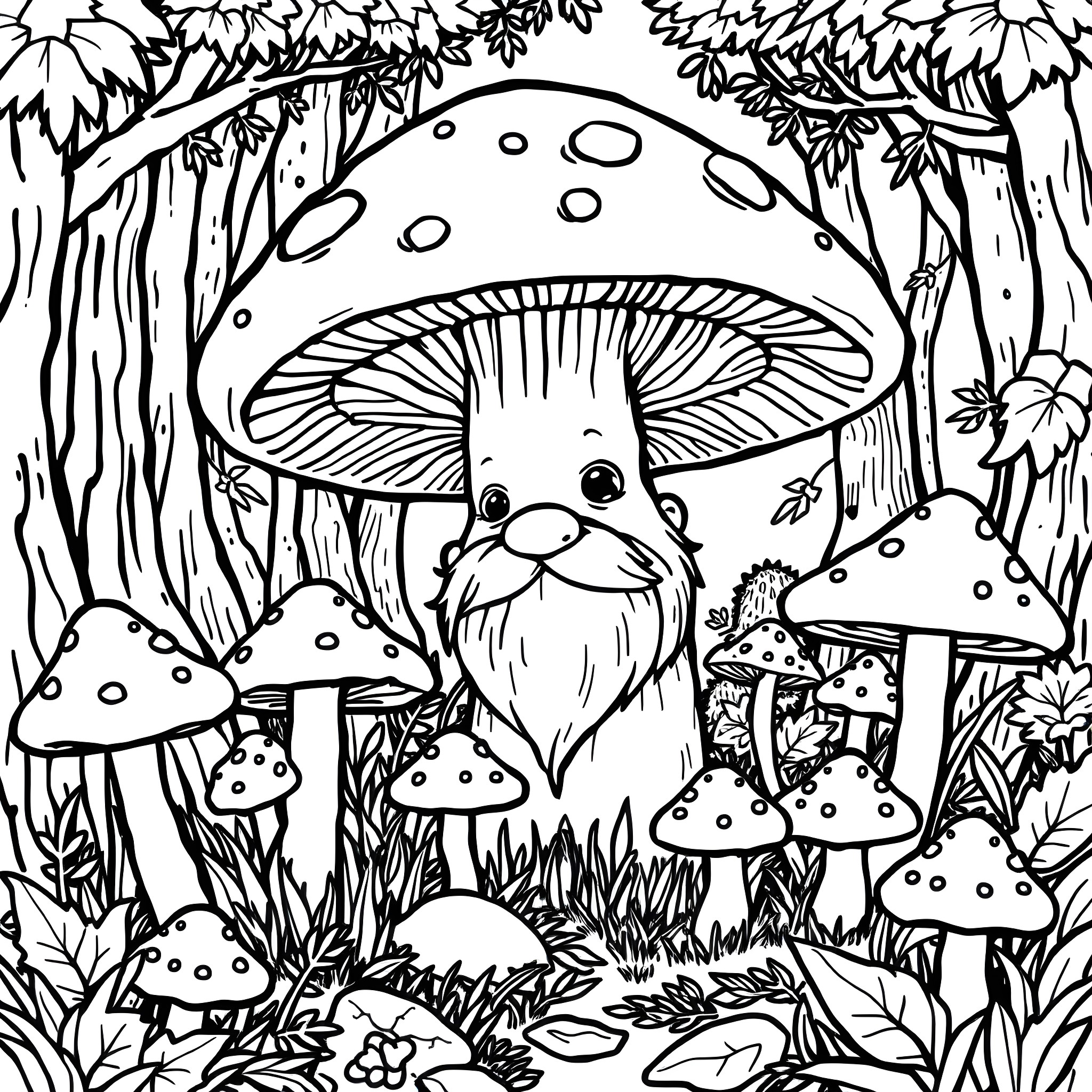 Mushroom Forest with Whimsical Gnome Coloring Page (free black-and-white line drawing printable PDF for all, from beginners to advanced learners, including children, teens, adults, and seniors)