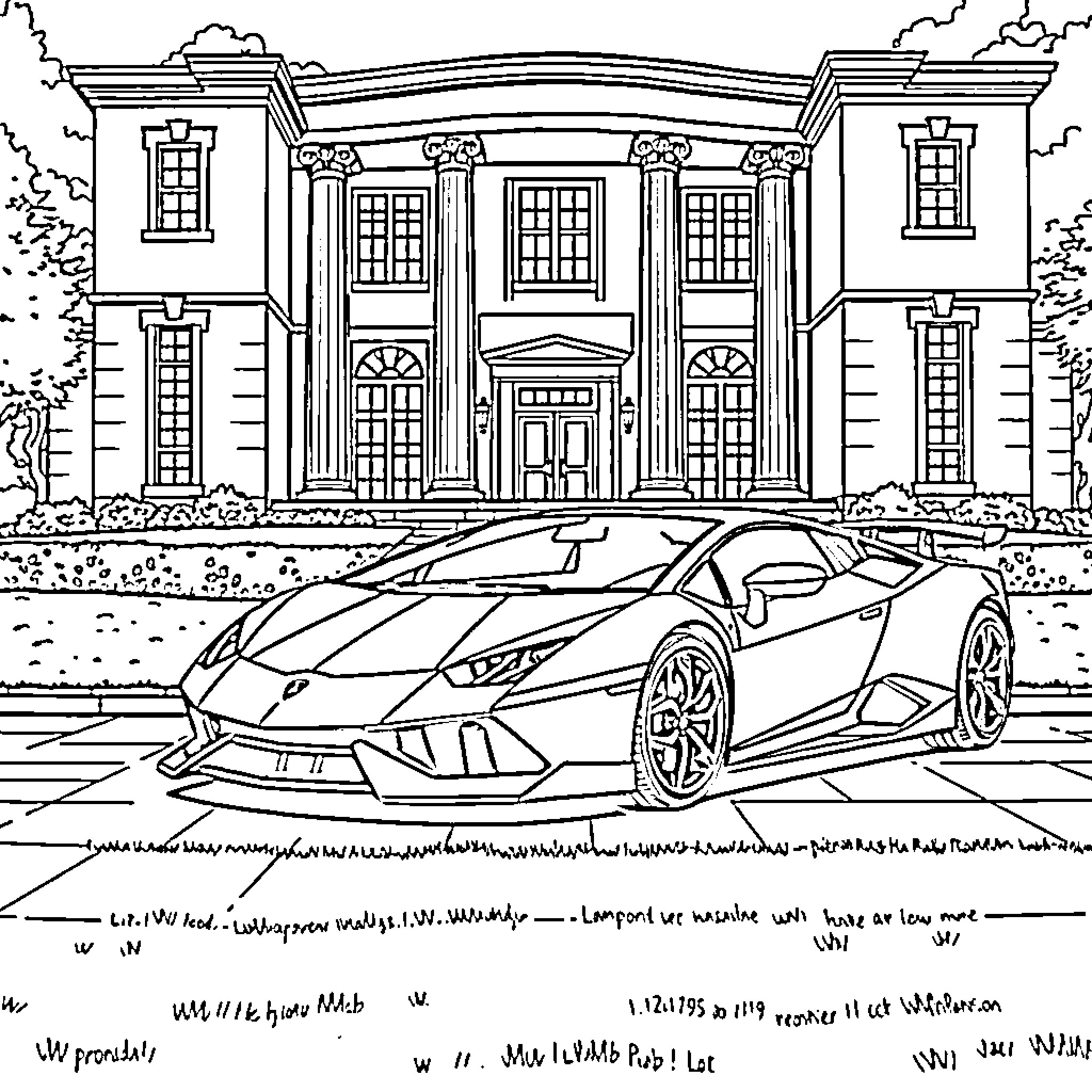 Lamborghini supercar in front of ornate mansion Coloring Page (free black-and-white line drawing printable PDF for all, from beginners to advanced learners, including children, teens, adults, and seniors)