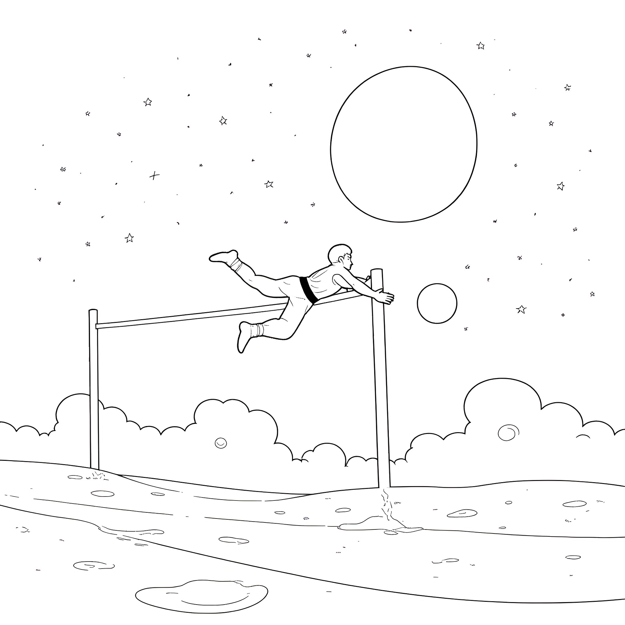 High Jumper leaping over hurdle under starry night sky Coloring Page (free black-and-white line drawing printable PDF for all, from beginners to advanced learners, including children, teens, adults, and seniors)