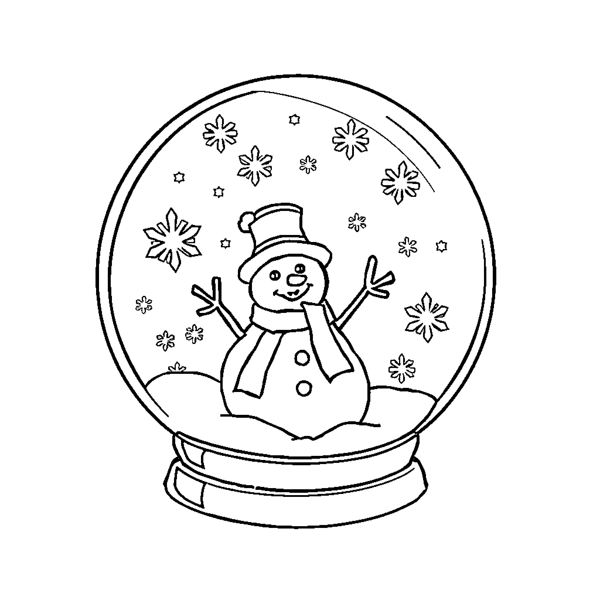 Snowman in a winter snow globe Coloring Page (free black-and-white line drawing printable PDF for all, from beginners to advanced learners, including children, teens, adults, and seniors)