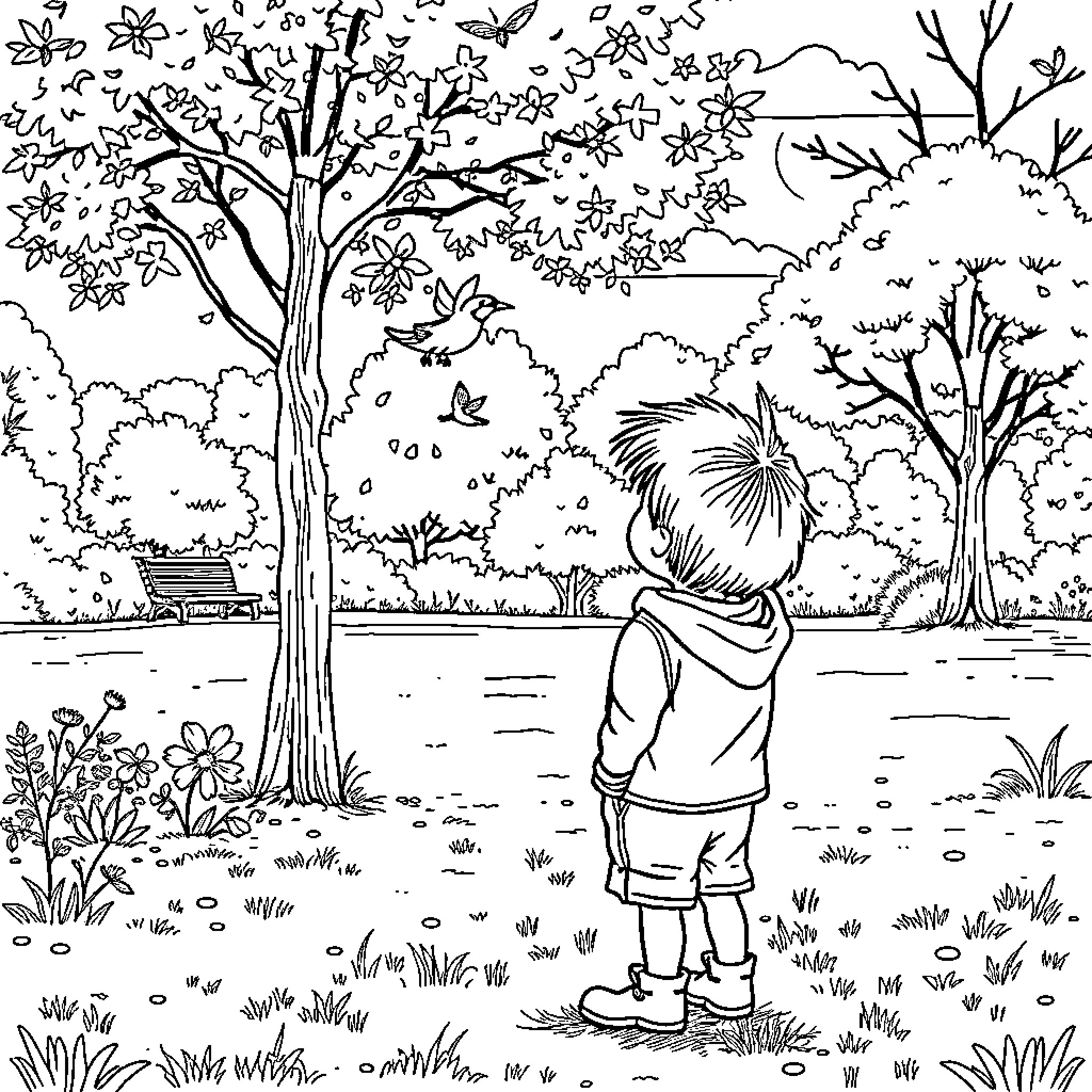 Child exploring the natural scenery Coloring Page (free black-and-white line drawing printable PDF for all, from beginners to advanced learners, including children, teens, adults, and seniors)