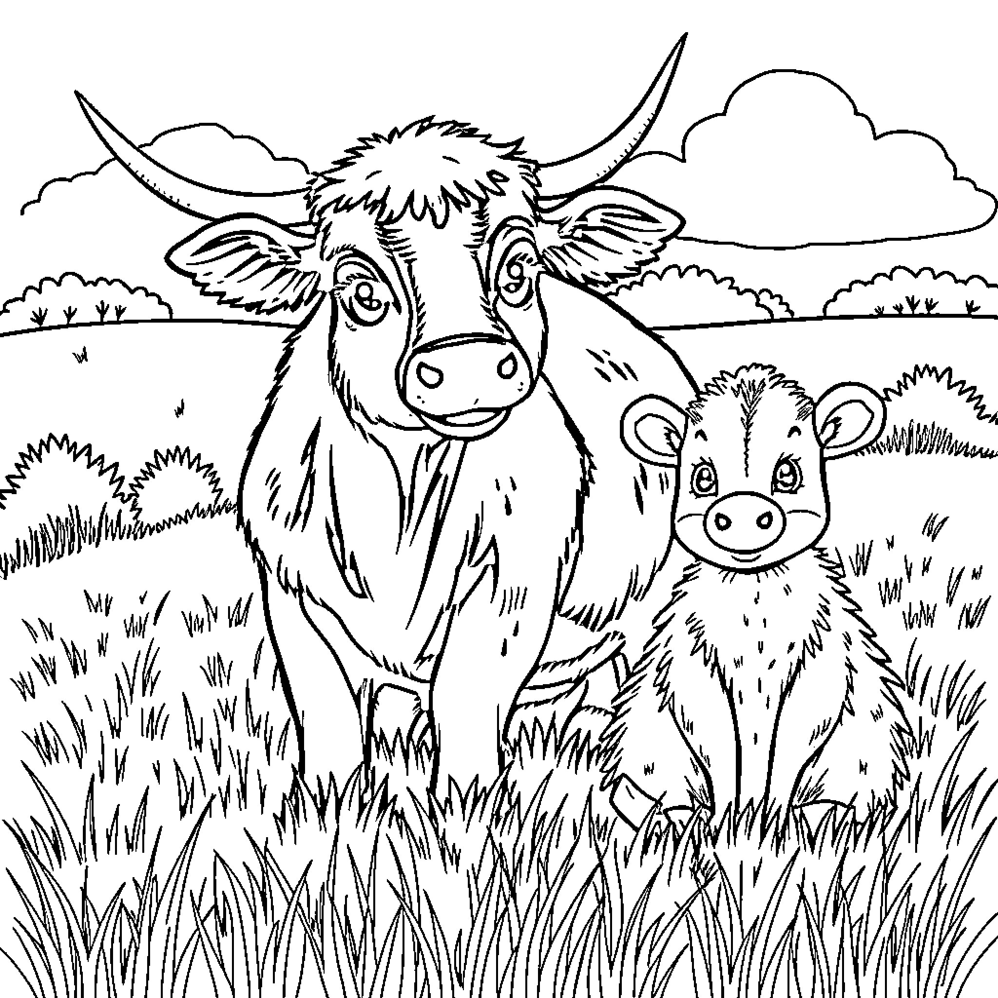 Cow and calf grazing in the meadow Coloring Page (free black-and-white line drawing printable PDF for all, from beginners to advanced learners, including children, teens, adults, and seniors)
