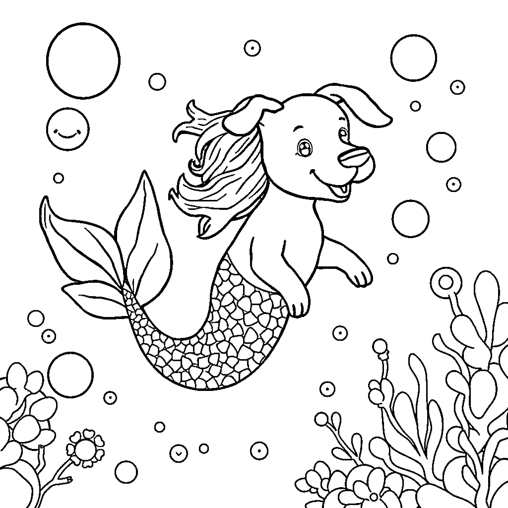 Dog Mermaid swimming playfully in the ocean Coloring Page (free black-and-white line drawing printable PDF for all, from beginners to advanced learners, including children, teens, adults, and seniors)