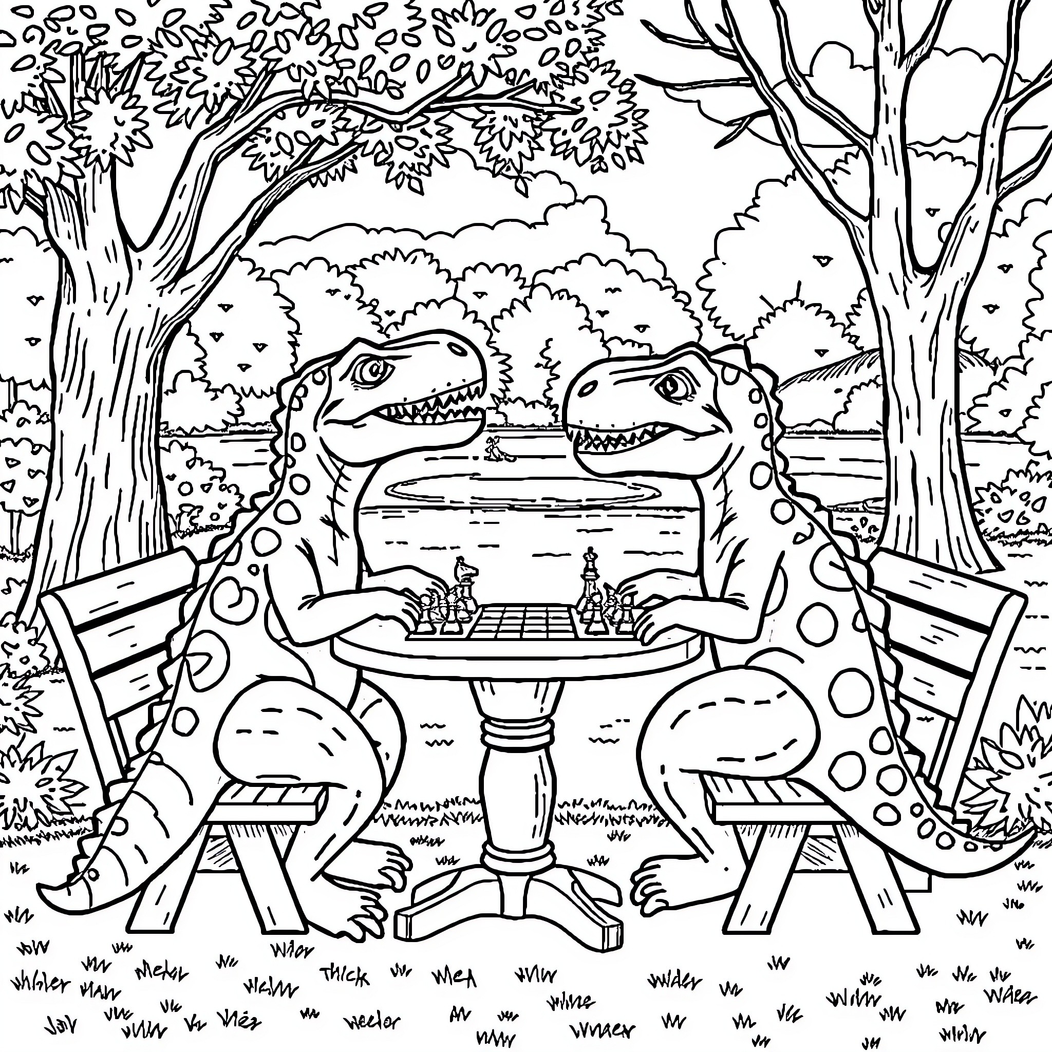 Dinosaurs enjoying a picnic in the forest Coloring Page (free black-and-white line drawing printable PDF for all, from beginners to advanced learners, including children, teens, adults, and seniors)