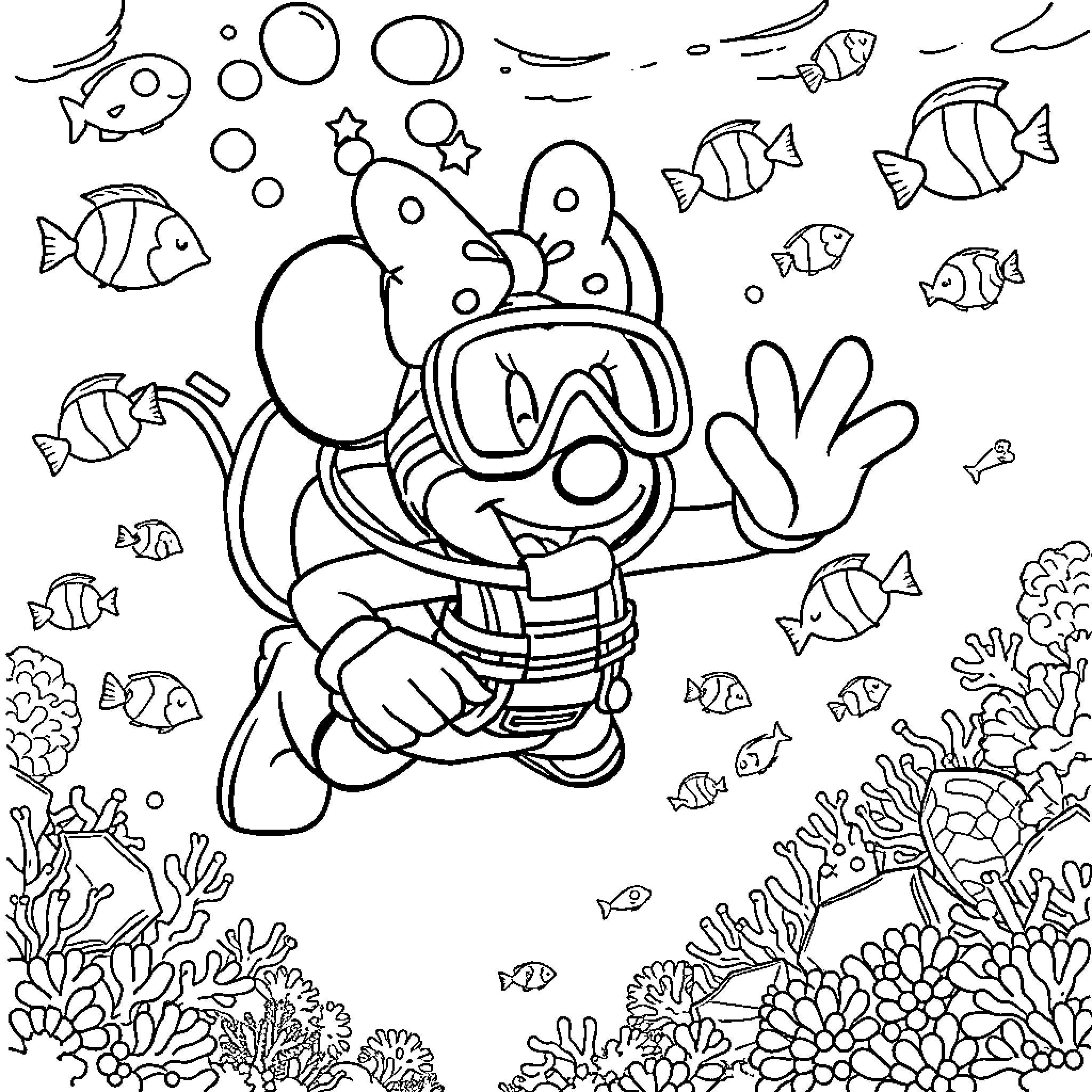 Minnie Mouse exploring an underwater coral reef Coloring Page (free black-and-white line drawing printable PDF for all, from beginners to advanced learners, including children, teens, adults, and seniors)