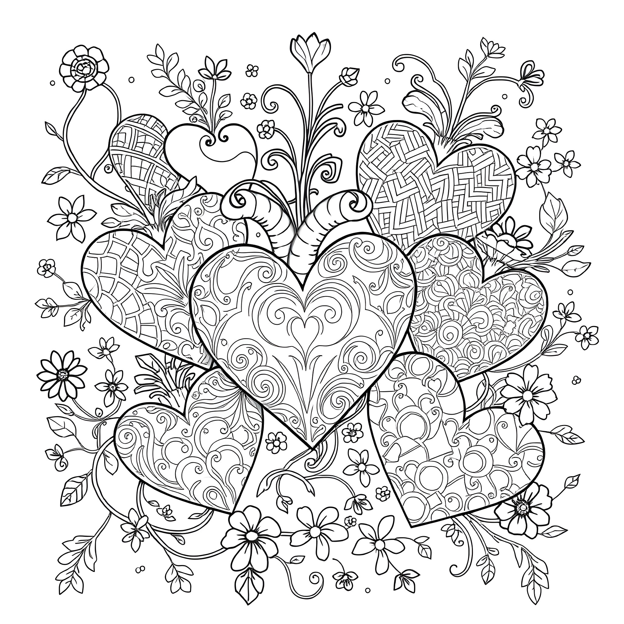 Heart-shaped doodles surrounded by floral patterns Coloring Page (free black-and-white line drawing printable PDF for all, from beginners to advanced learners, including children, teens, adults, and seniors)