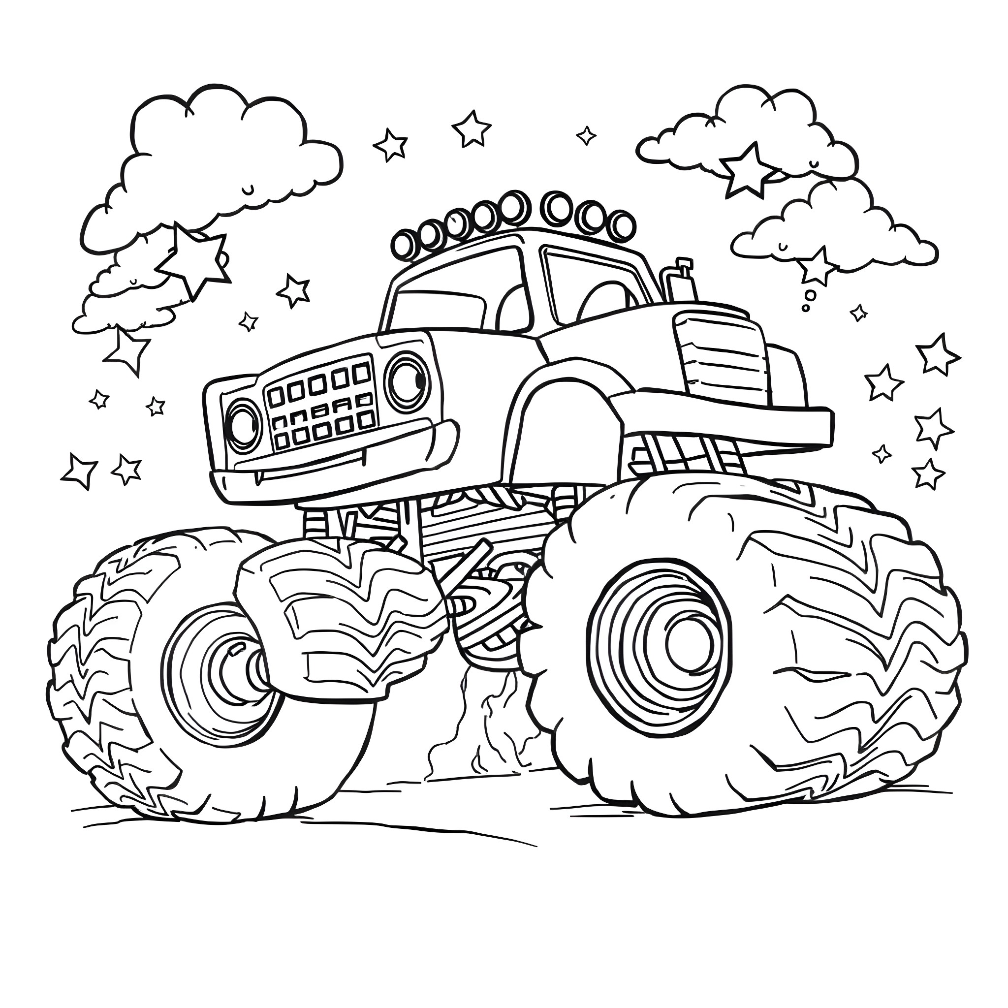 Monster Truck Crushing Through the Night Sky Coloring Page (free black-and-white line drawing printable PDF for all, from beginners to advanced learners, including children, teens, adults, and seniors)