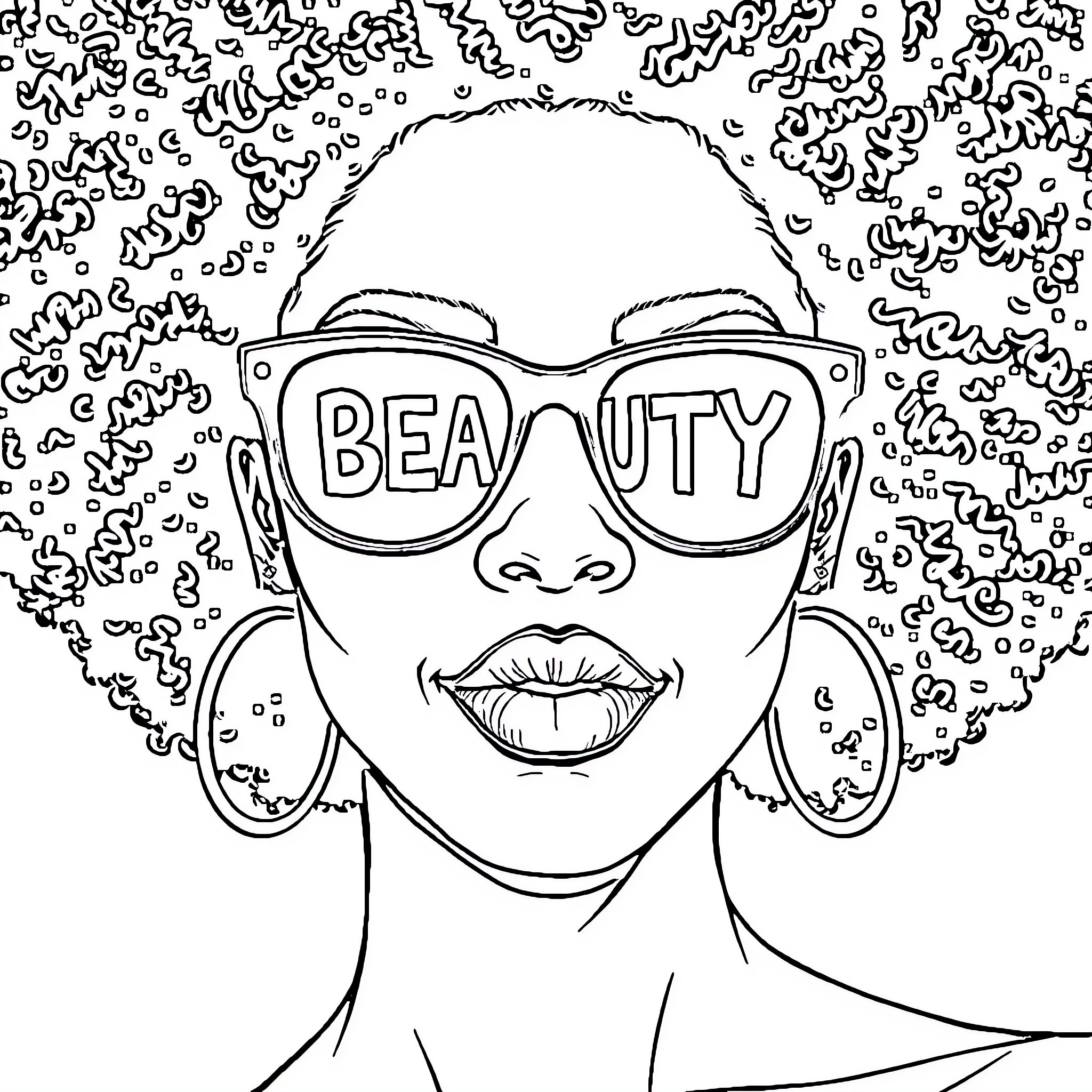Woman with Stylish Sunglasses Embracing Natural Beauty Coloring Page (free black-and-white line drawing printable PDF for all, from beginners to advanced learners, including children, teens, adults, and seniors)