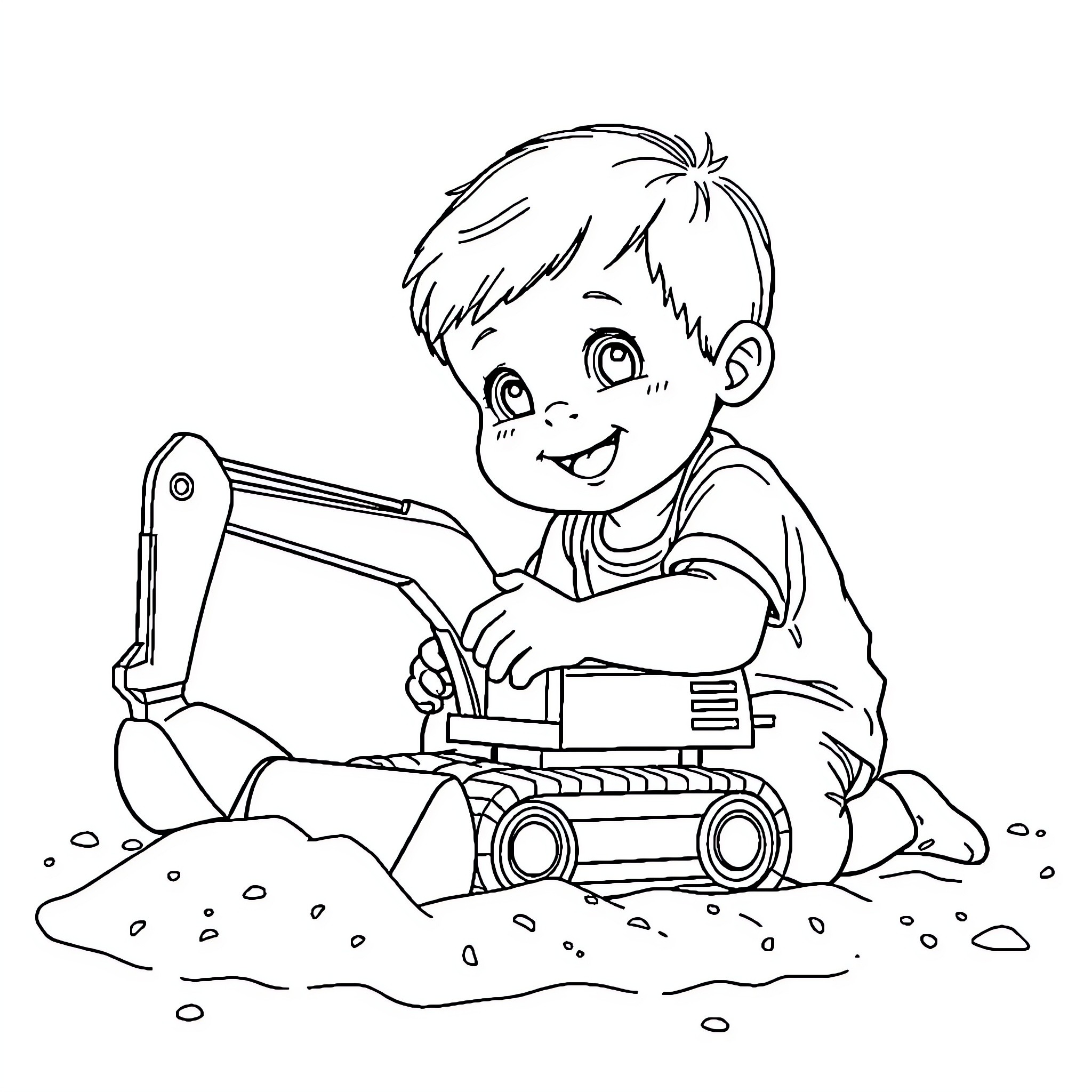 Toddler playing happily with toy construction vehicle Coloring Page (free black-and-white line drawing printable PDF for all, from beginners to advanced learners, including children, teens, adults, and seniors)