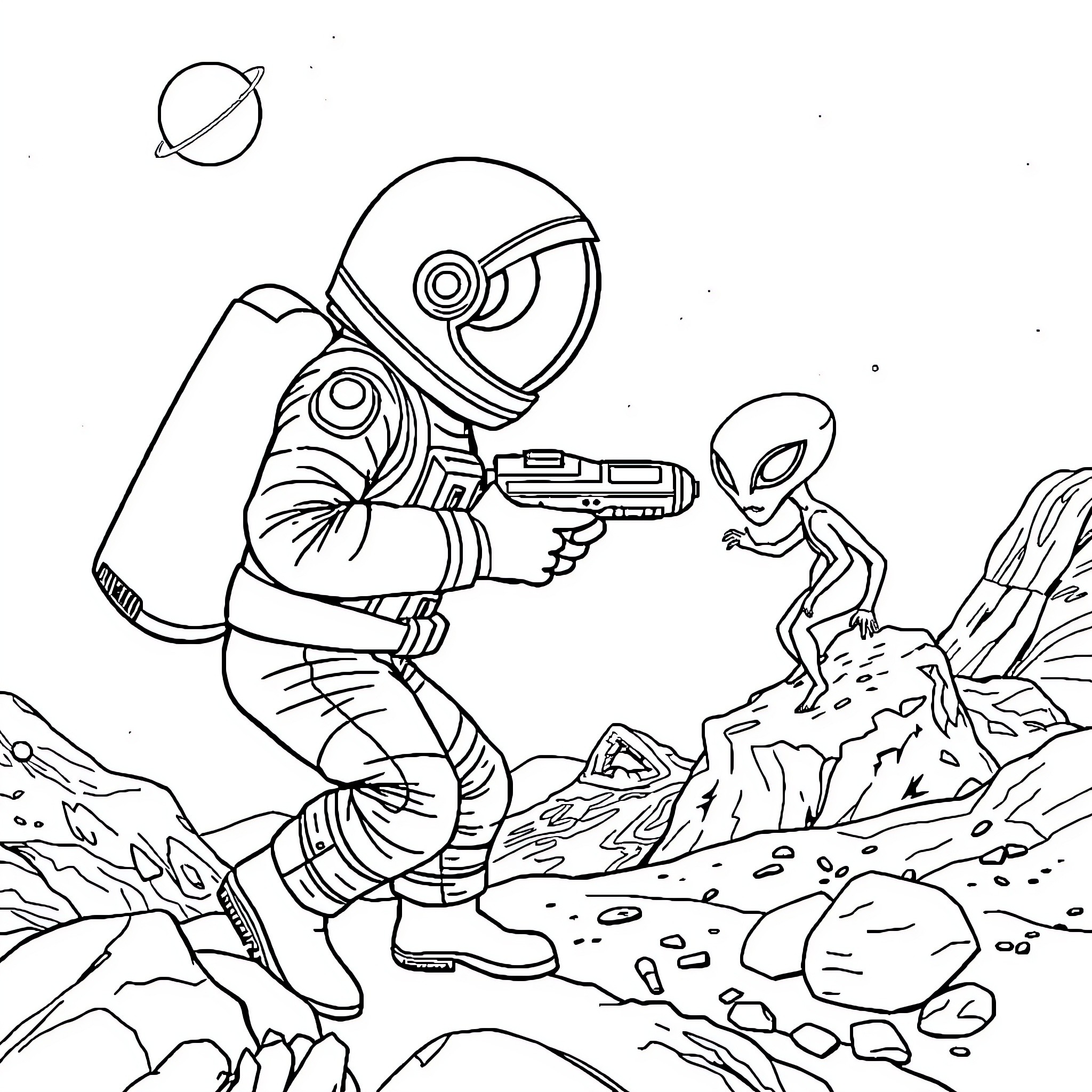 Astronaut exploring alien landscape with strange creature Coloring Page (free black-and-white line drawing printable PDF for all, from beginners to advanced learners, including children, teens, adults, and seniors)