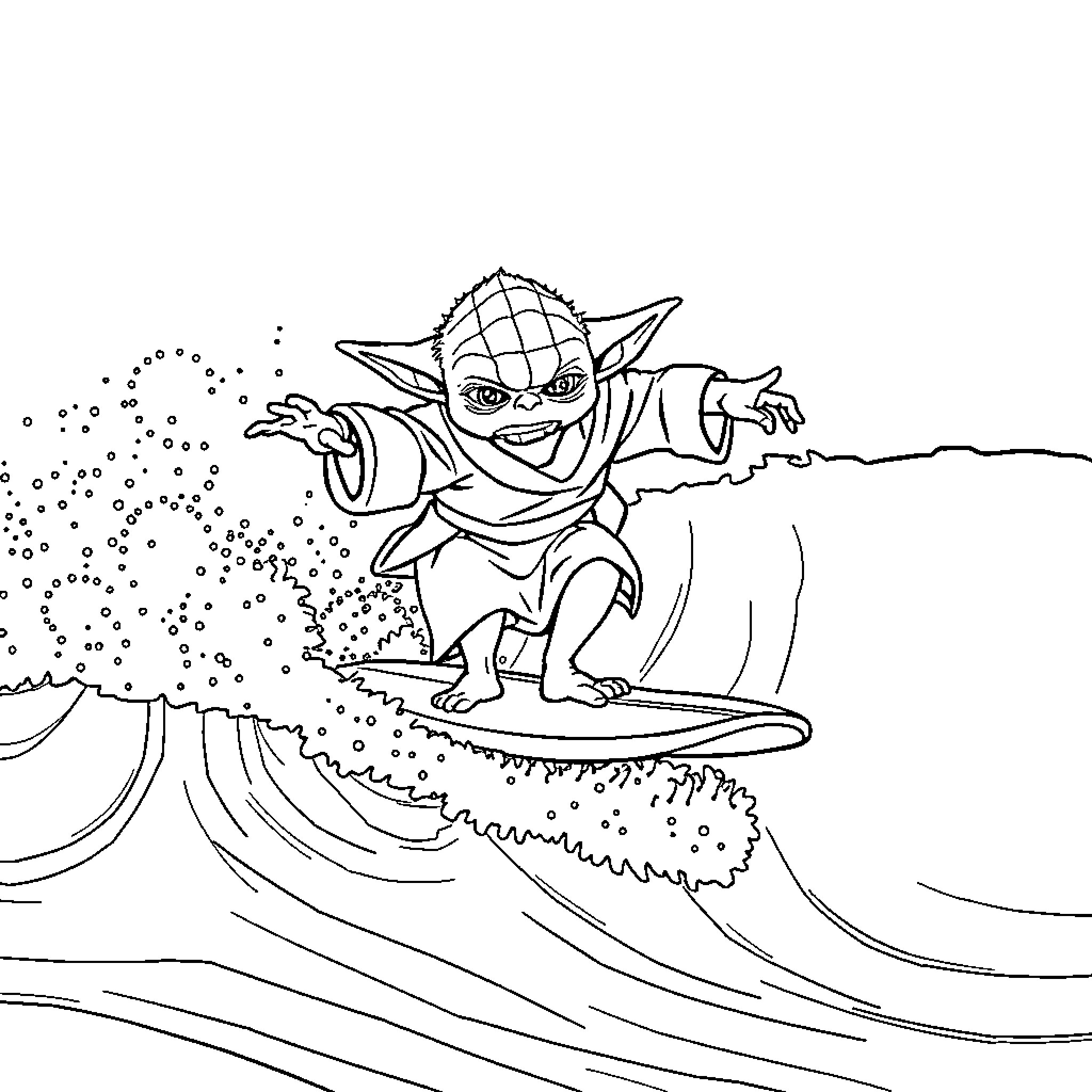 Yoda surfing waves with determination Coloring Page (free black-and-white line drawing printable PDF for all, from beginners to advanced learners, including children, teens, adults, and seniors)