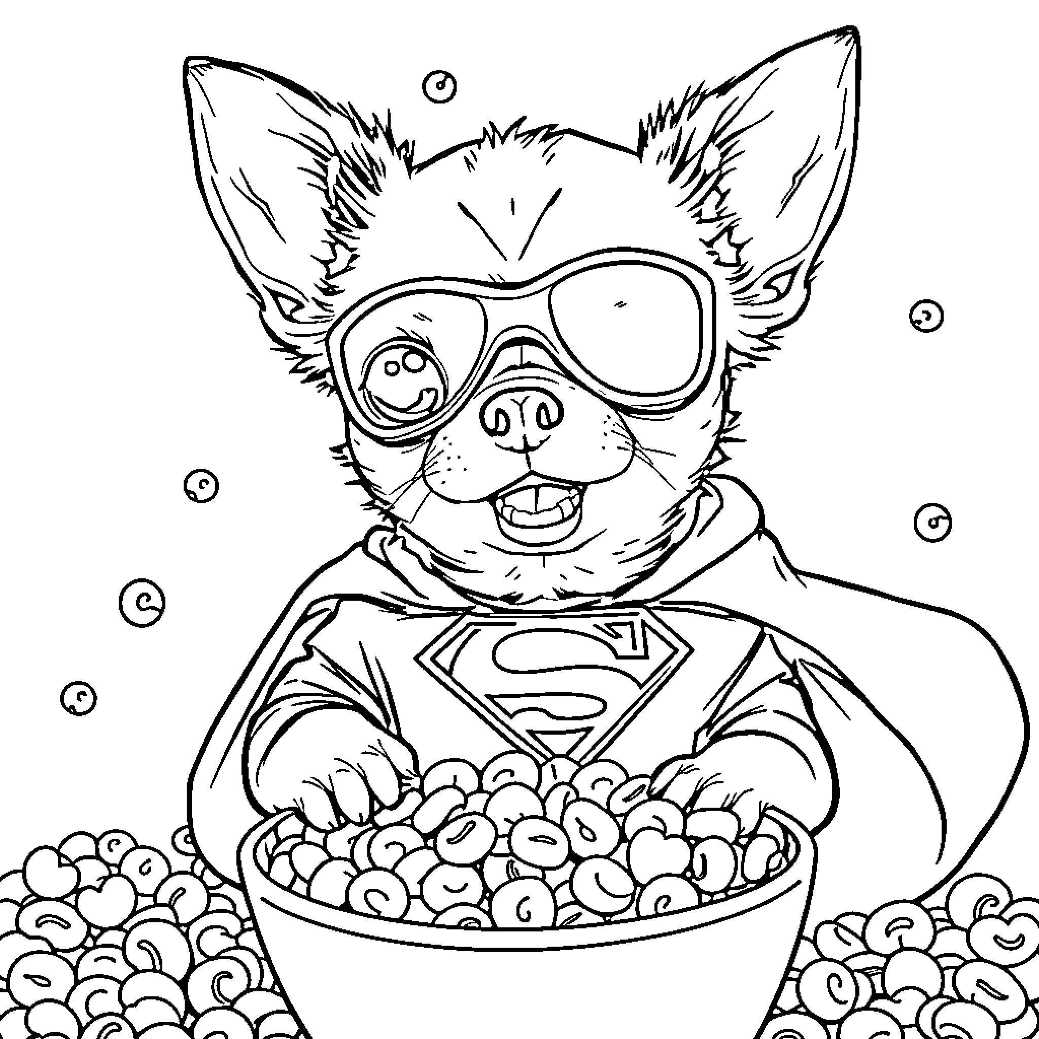 Chihuahua in superhero outfit enjoying snacks Coloring Page (free black-and-white line drawing printable PDF for all, from beginners to advanced learners, including children, teens, adults, and seniors)