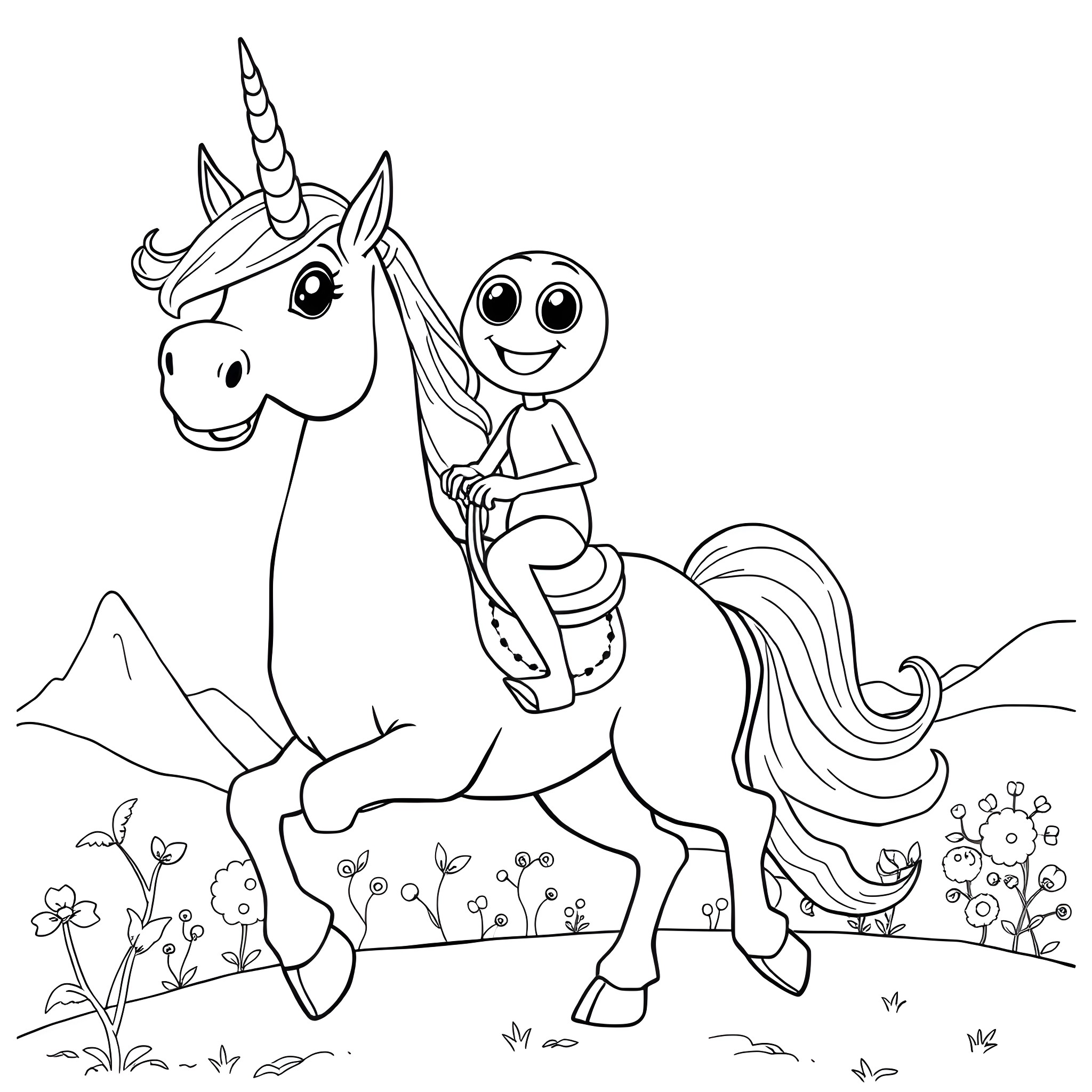 Olive riding a magical unicorn in nature Coloring Page (free black-and-white line drawing printable PDF for all, from beginners to advanced learners, including children, teens, adults, and seniors)