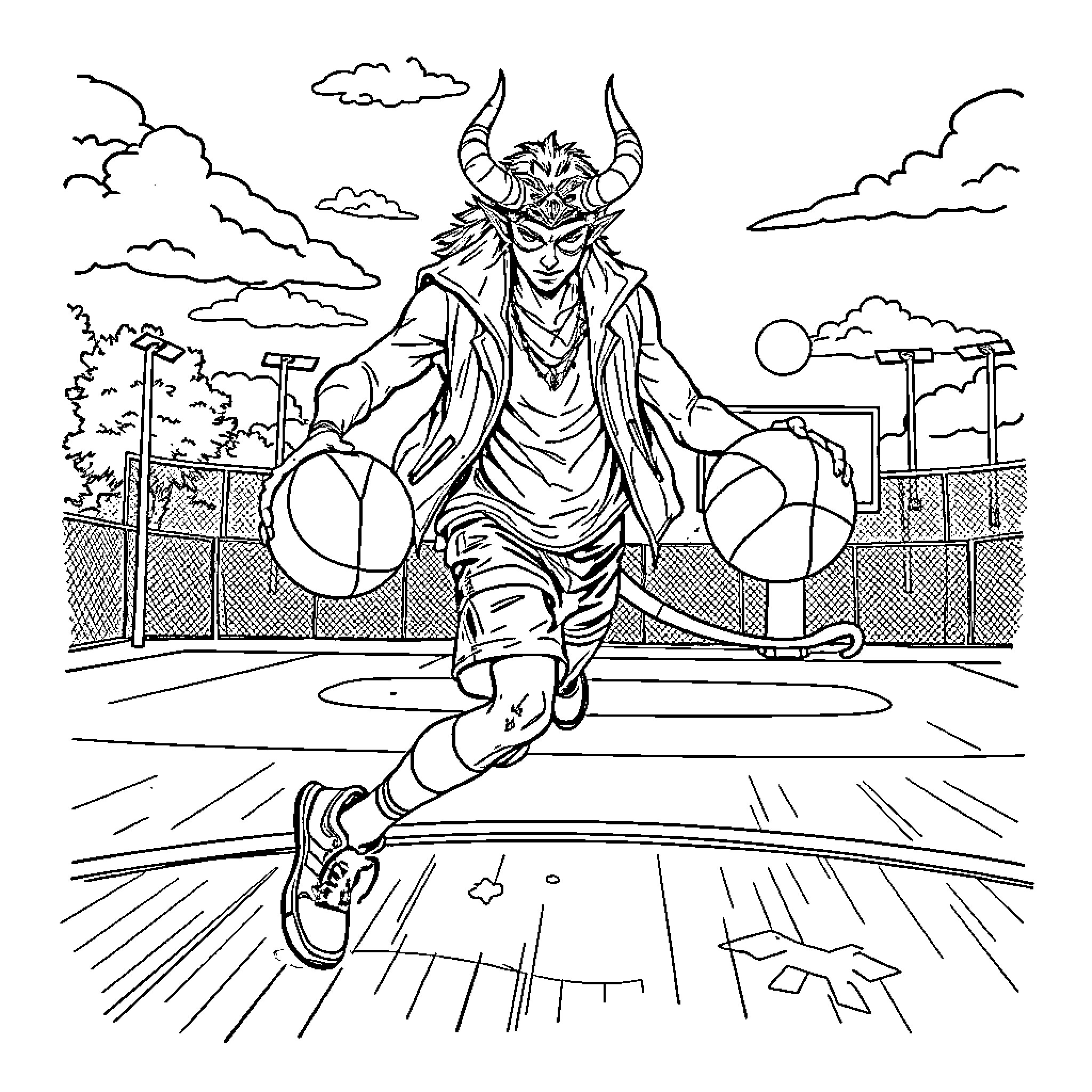Demon Slayer in Action on the Court Coloring Page (free black-and-white line drawing printable PDF for all, from beginners to advanced learners, including children, teens, adults, and seniors)