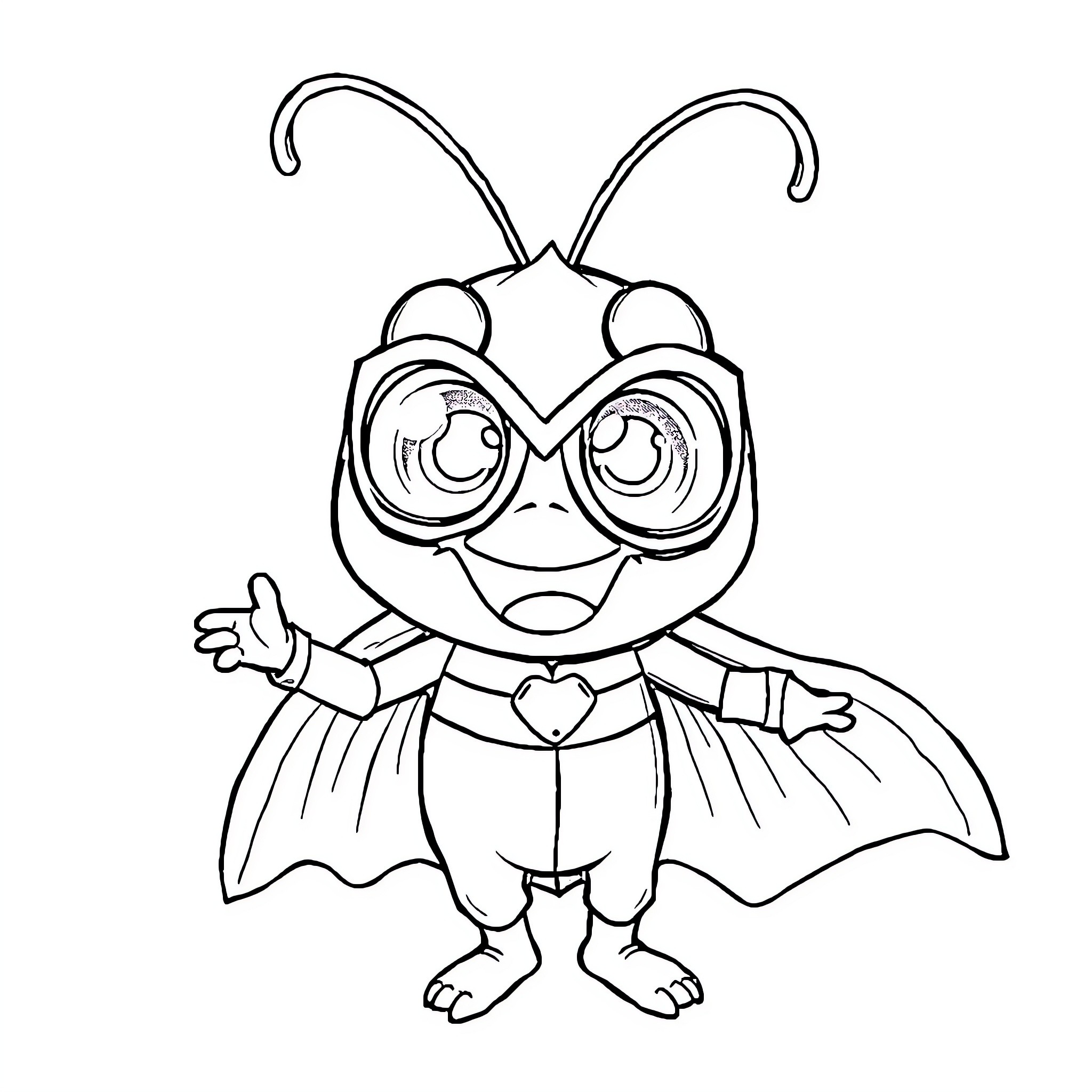 Superhero Insect with Goggles and Cape Coloring Page (free black-and-white line drawing printable PDF for all, from beginners to advanced learners, including children, teens, adults, and seniors)