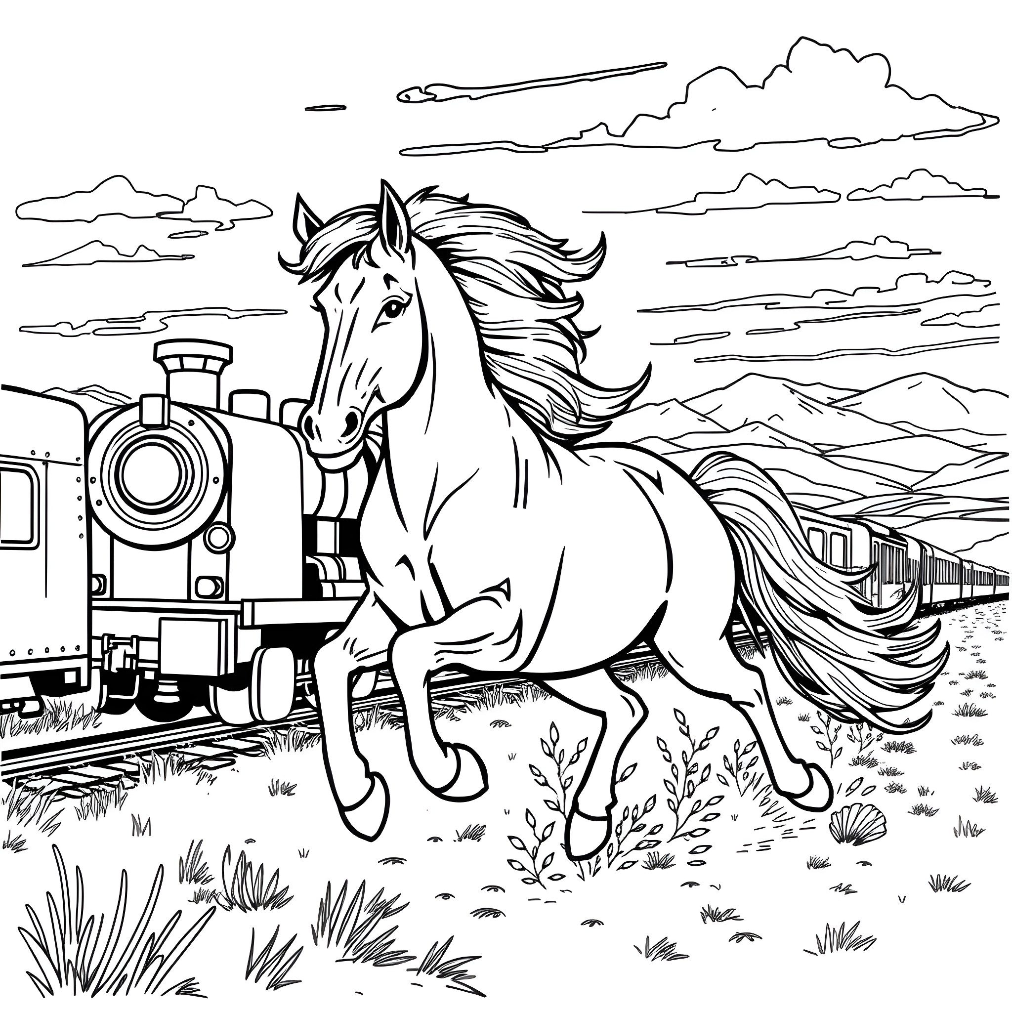 Brumby running beside a train in the countryside Coloring Page (free black-and-white line drawing printable PDF for all, from beginners to advanced learners, including children, teens, adults, and seniors)