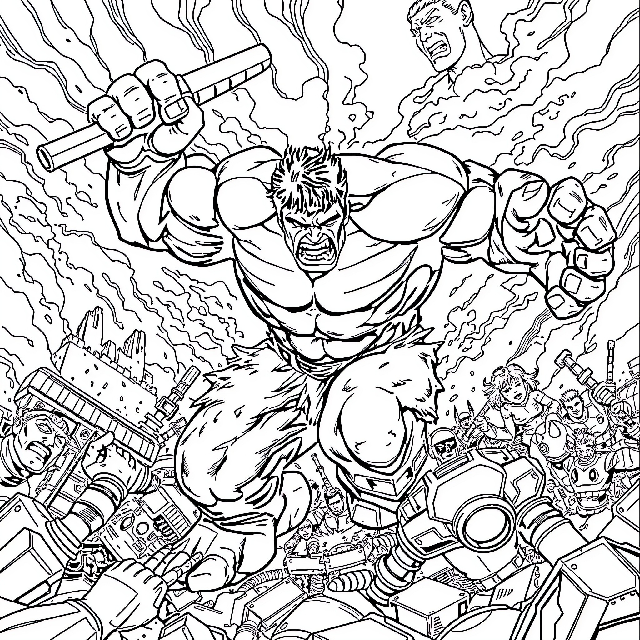 Hulk's Mighty Rampage Amid Chaos and Destruction Coloring Page (free black-and-white line drawing printable PDF for all, from beginners to advanced learners, including children, teens, adults, and seniors)