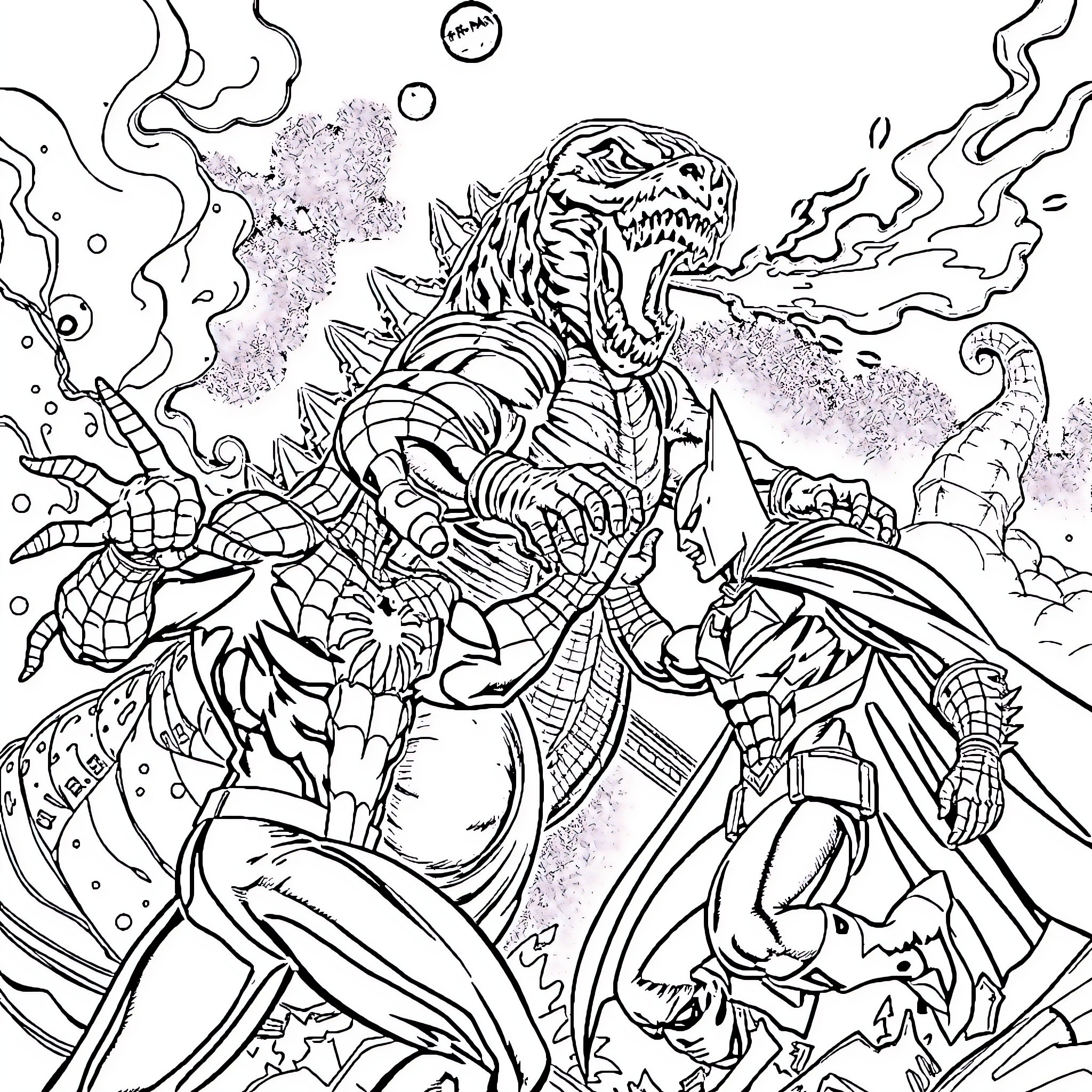 Spider-like creature amid bizarre fantasy landscape Coloring Page (free black-and-white line drawing printable PDF for all, from beginners to advanced learners, including children, teens, adults, and seniors)