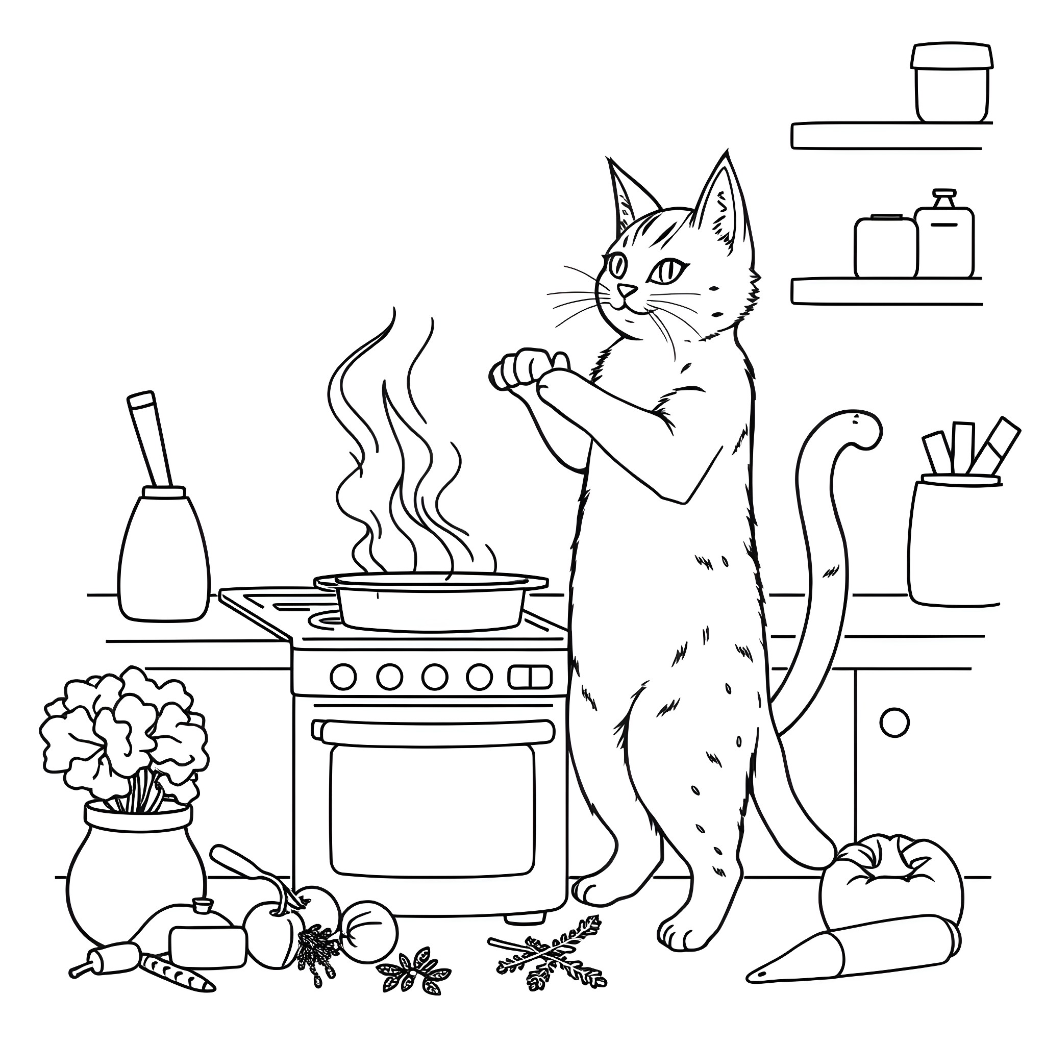 Cat cooking delicious meal in the kitchen Coloring Page (free black-and-white line drawing printable PDF for all, from beginners to advanced learners, including children, teens, adults, and seniors)