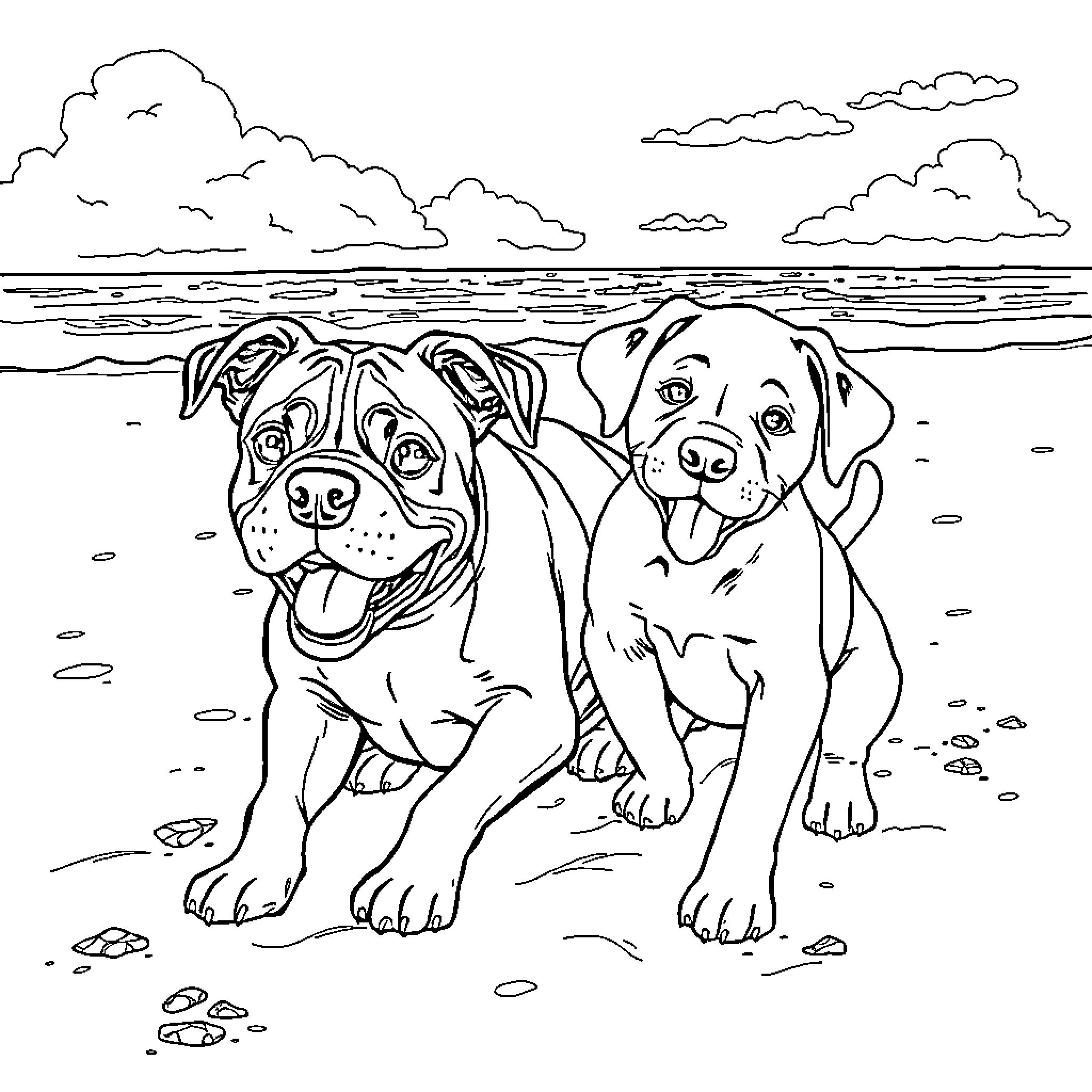 Dog friends exploring the beach Coloring Page (free black-and-white line drawing printable PDF for all, from beginners to advanced learners, including children, teens, adults, and seniors)