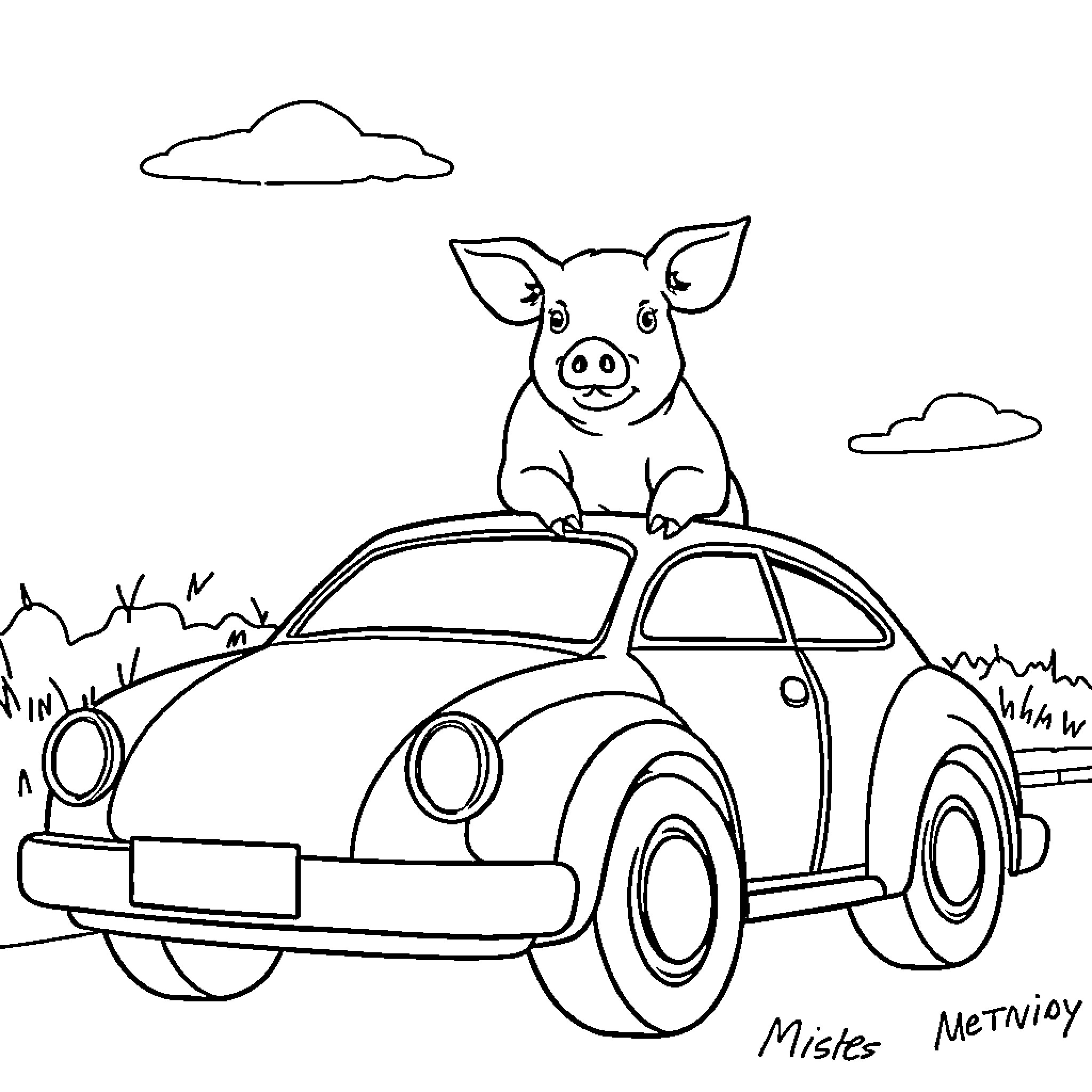 Pig riding a car happily through the countryside Coloring Page (free black-and-white line drawing printable PDF for all, from beginners to advanced learners, including children, teens, adults, and seniors)