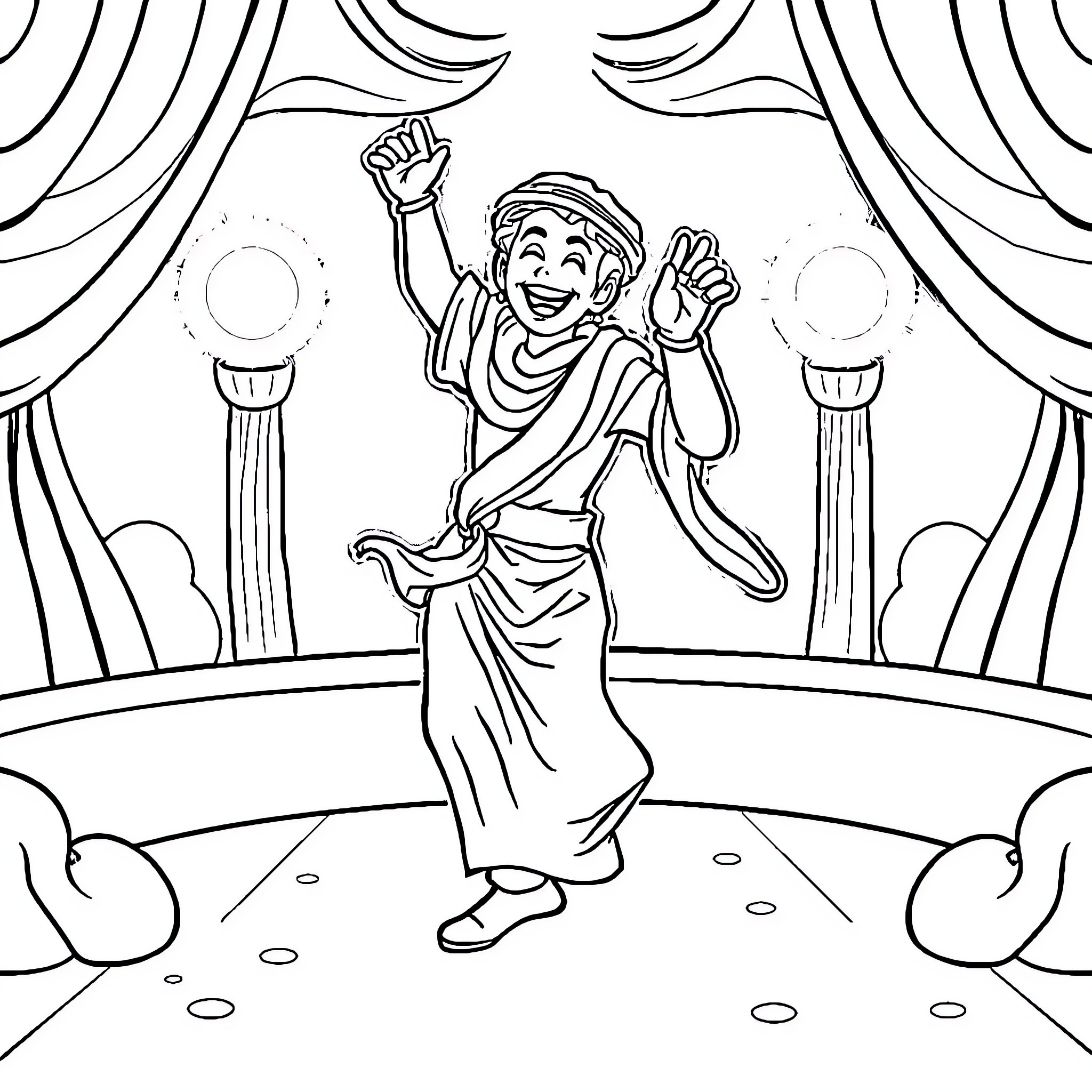 Mouad's Theatrical Performance on Stage Coloring Page (free black-and-white line drawing printable PDF for all, from beginners to advanced learners, including children, teens, adults, and seniors)