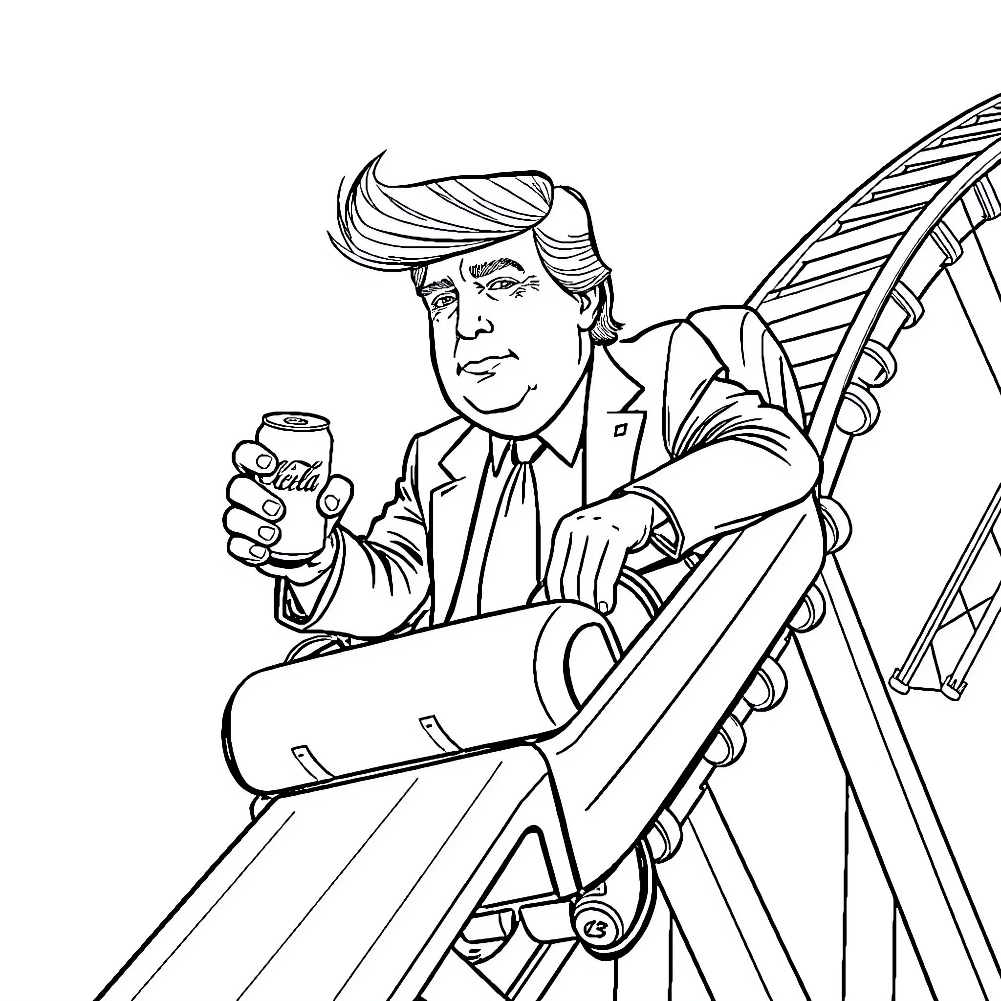 Donald Trump Sitting in a Chair Holding a Soda Can Coloring Page (free black-and-white line drawing printable PDF for all, from beginners to advanced learners, including children, teens, adults, and seniors)