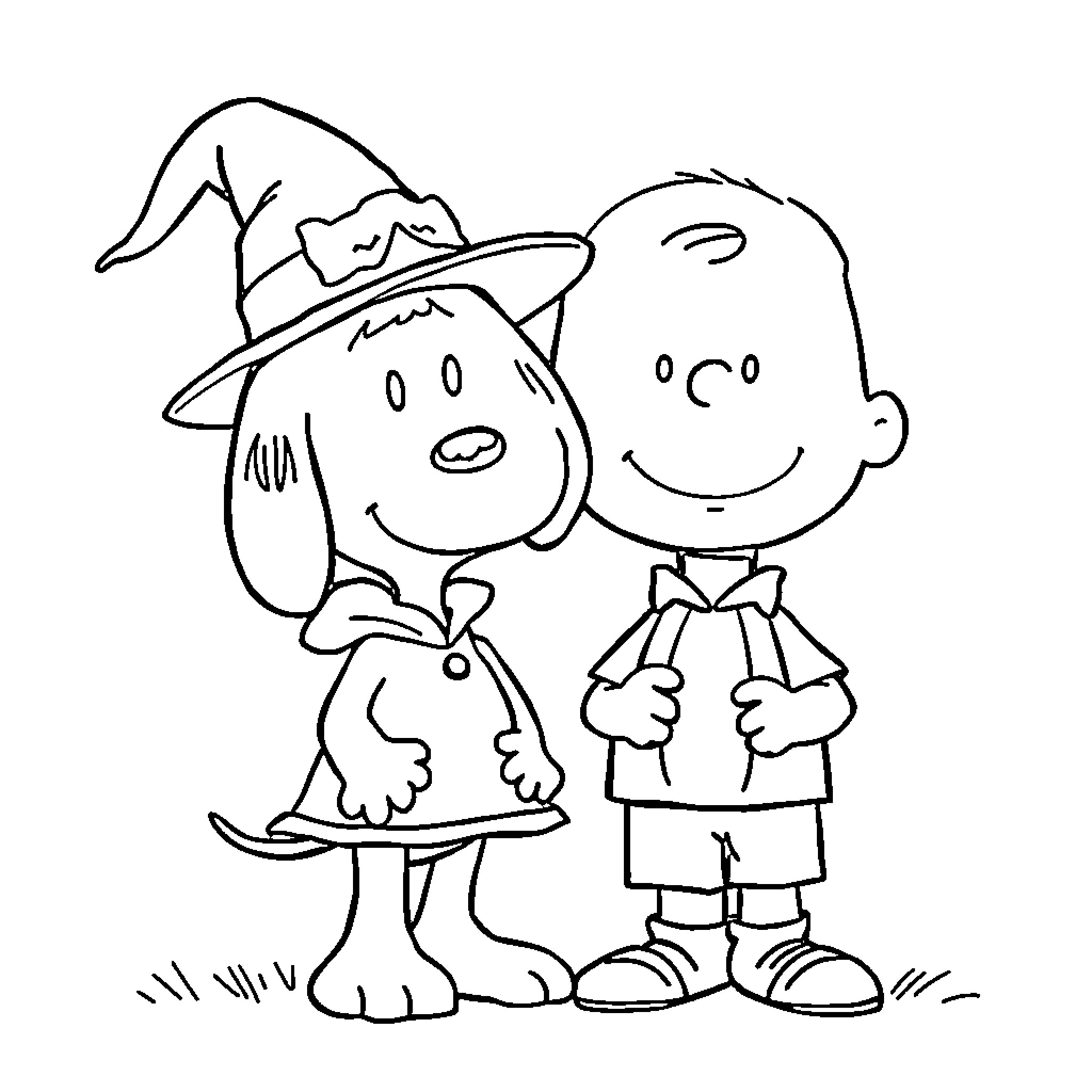 Snoopy and Charlie Brown in Halloween Costumes Coloring Page (free black-and-white line drawing printable PDF for all, from beginners to advanced learners, including children, teens, adults, and seniors)