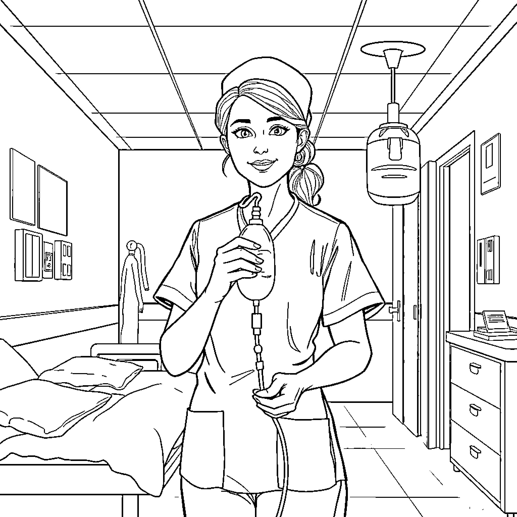 Nurse in medical attire tending to patient Coloring Page (free black-and-white line drawing printable PDF for all, from beginners to advanced learners, including children, teens, adults, and seniors)