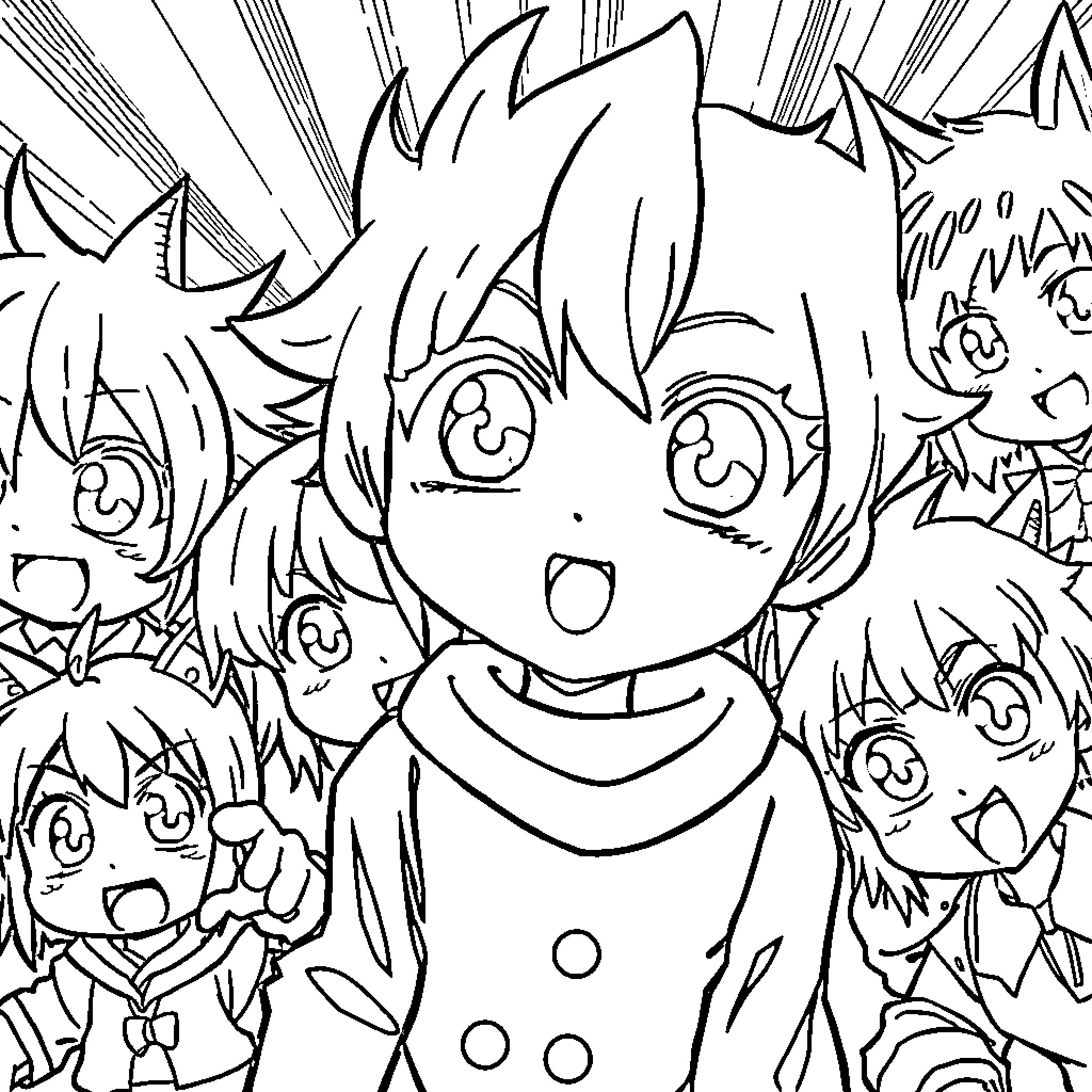 Anime characters in playful expressions Coloring Page (free black-and-white line drawing printable PDF for all, from beginners to advanced learners, including children, teens, adults, and seniors)