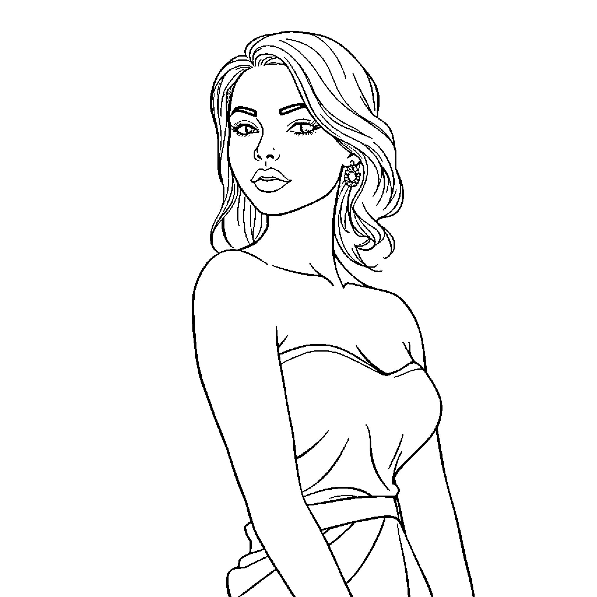 Woman in Elegant Attire Posing Thoughtfully Coloring Page (free black-and-white line drawing printable PDF for all, from beginners to advanced learners, including children, teens, adults, and seniors)